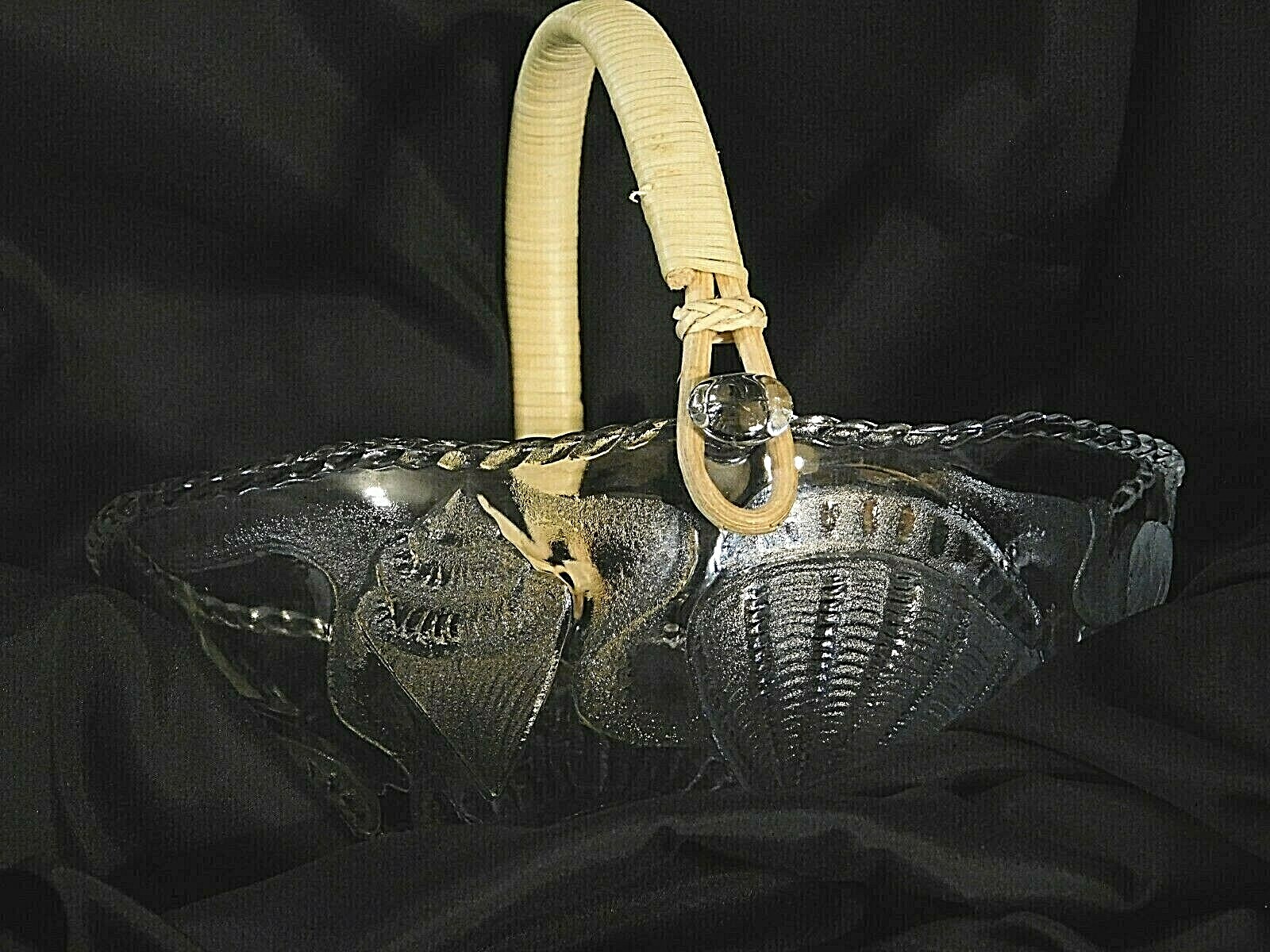 Glass Basket With Handle Cut Glass Shell Pattern Vintage 7 1/2 x 6 1/2 Inches