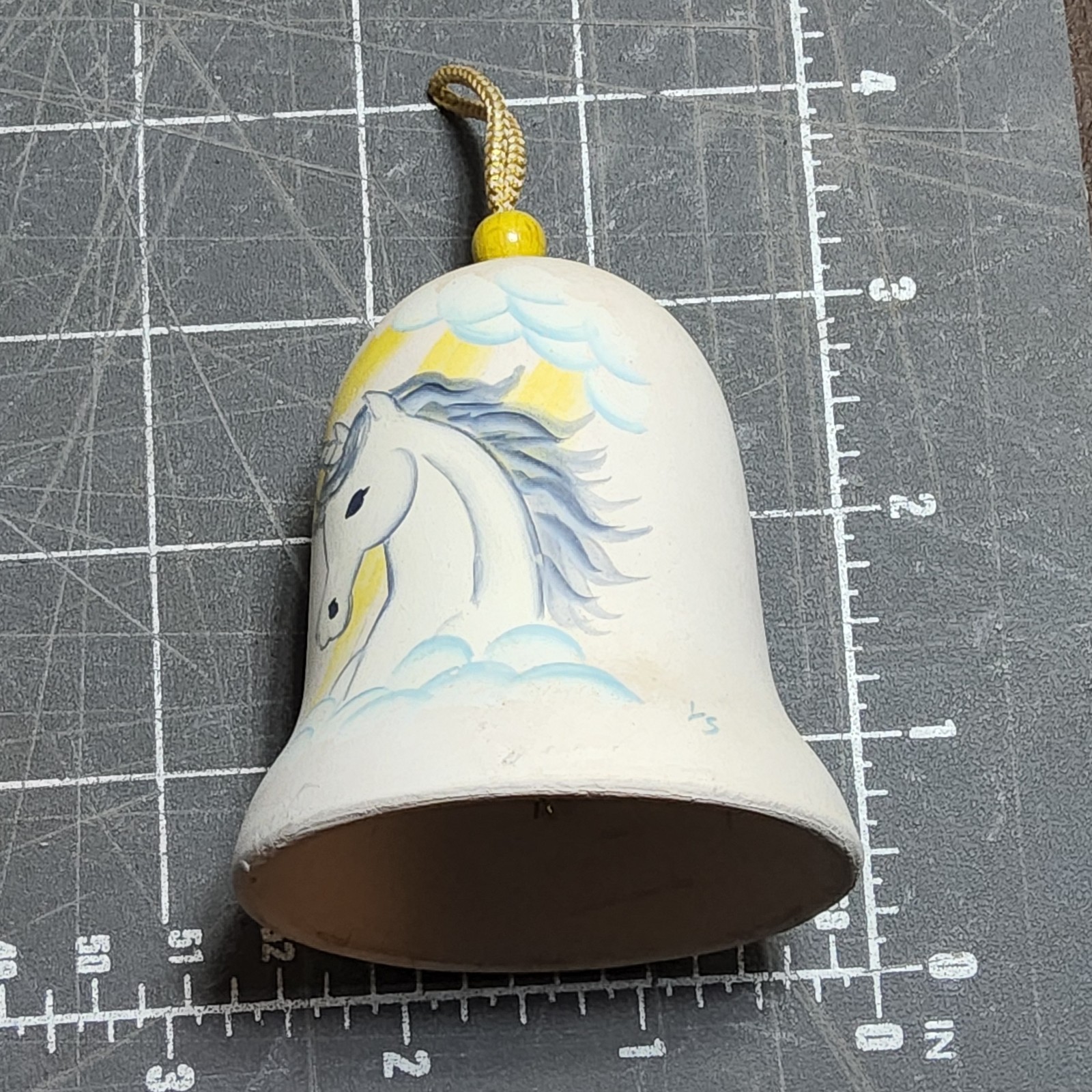 Vintage hand painted unicorn in clouds bell mythical fantasy 3″ 1980s ls ceramic