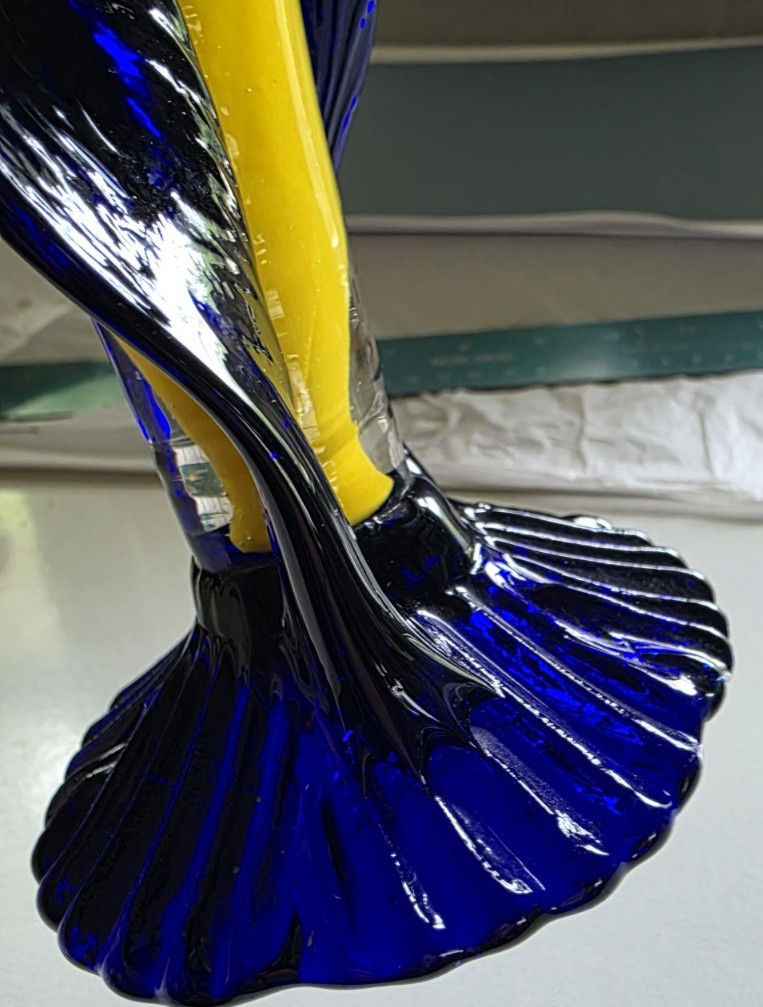 Czech Art Glass Vase Yellow w/ Blue Applied Wings 10.25″ Czecho‑Slovakia Stamp