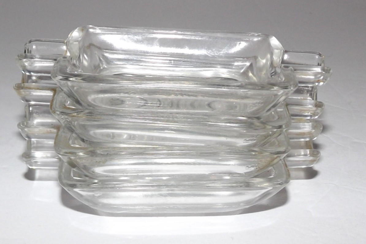 Vtg Retro Black Glass Cigarette Holder Box Clear Lid 4 Double Ashtrays Complete