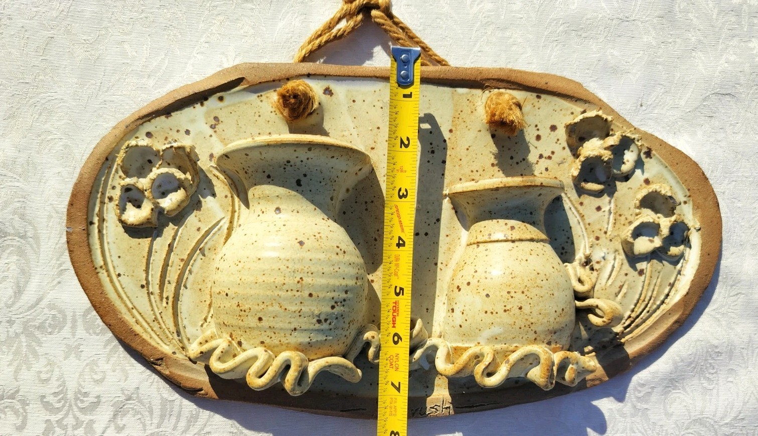 Julia Rush Signed Studio Pottery Speckled Glaze Wall Hanging With Pocket Vases