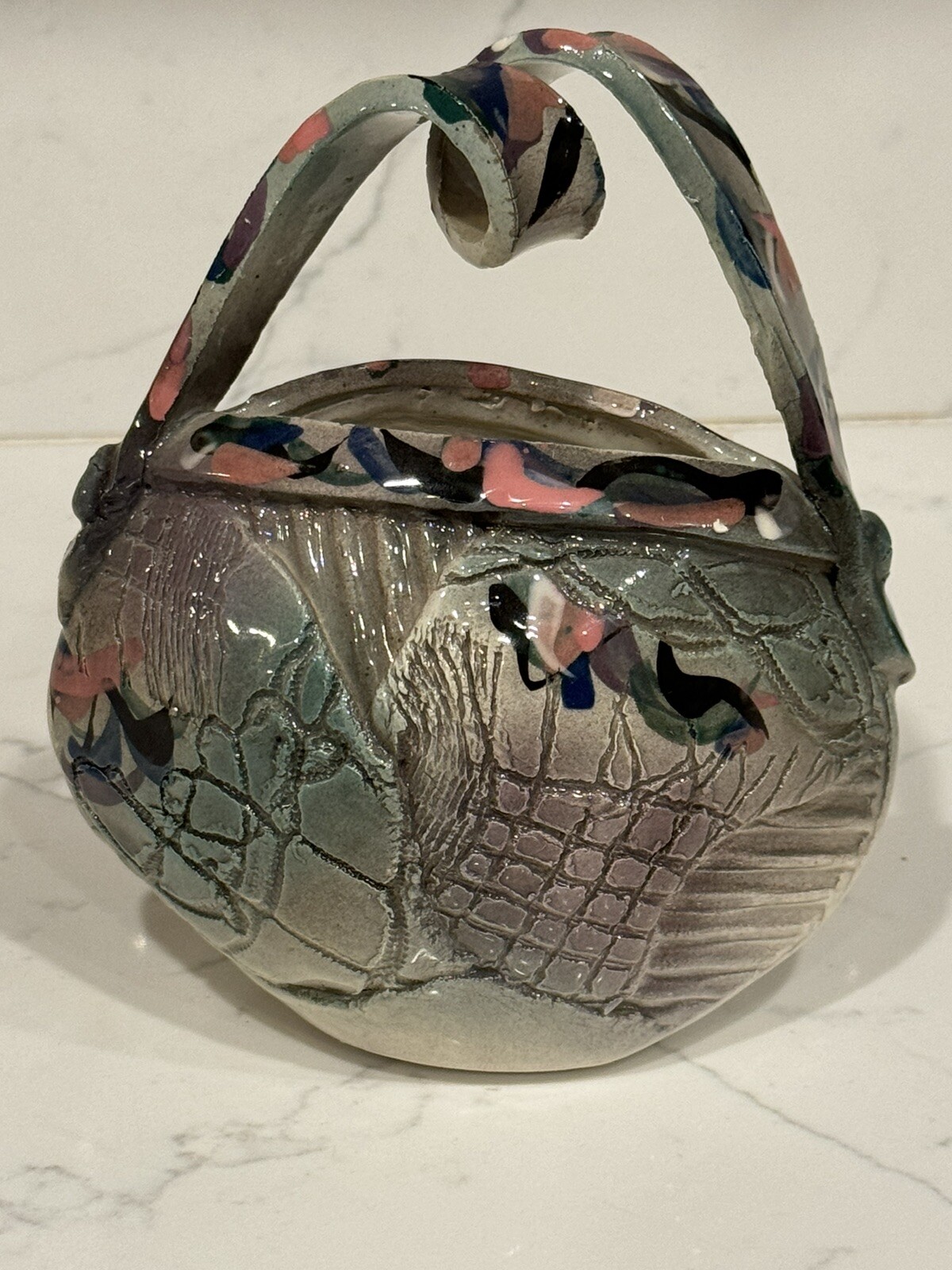 Brutalist Patchwork Abstract Art Pottery Vase Purse Shape One Of A Kind Piece