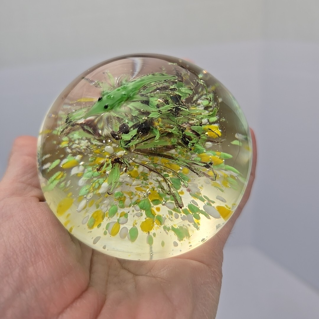 Vtg Art Glass Paper Weight With Green Shrimp Yellow, White & Green Brown Swirl