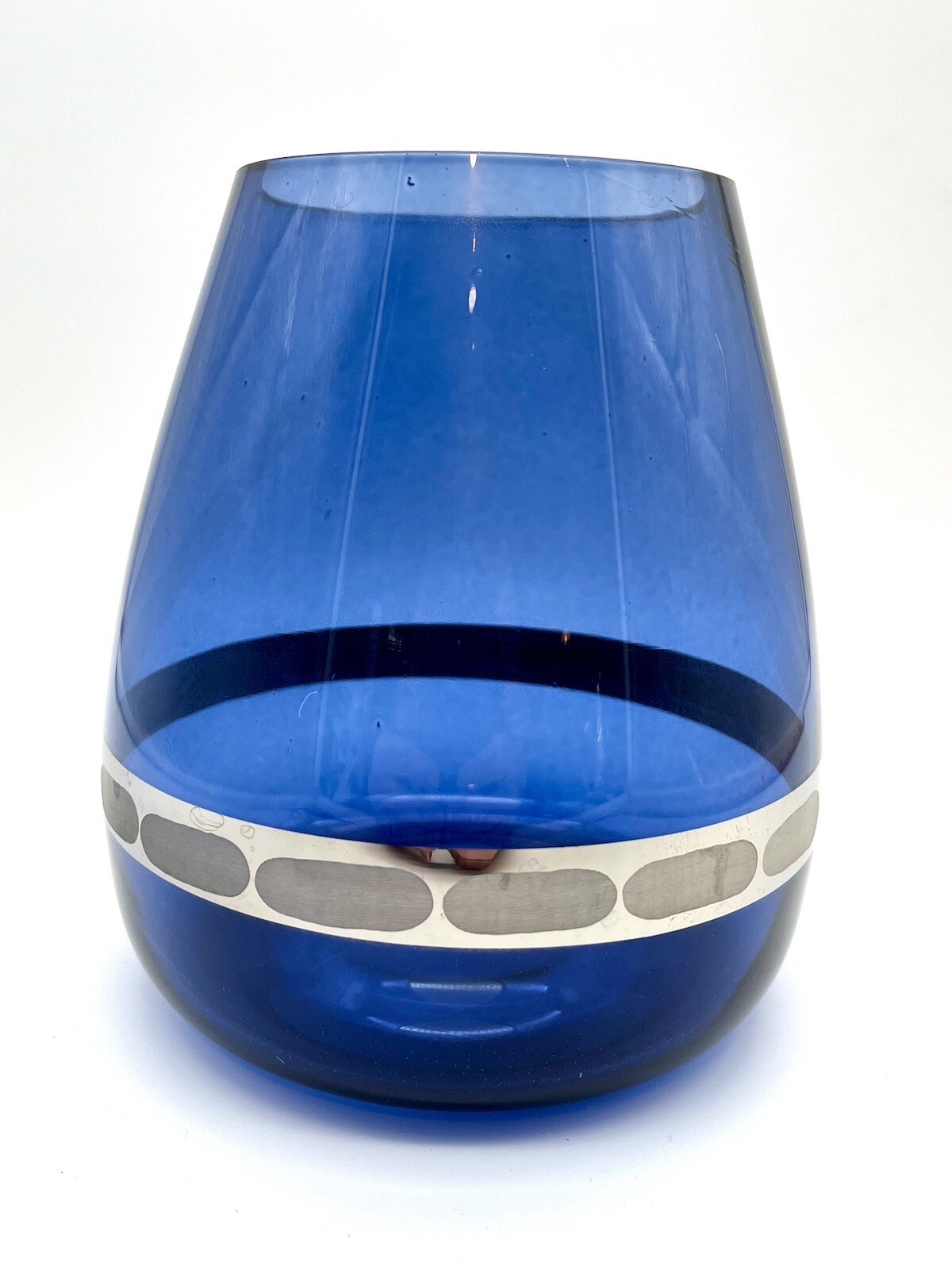 Sapphire Cobalt Tear Drop Flower Vase 6” With Decorative Silver Band