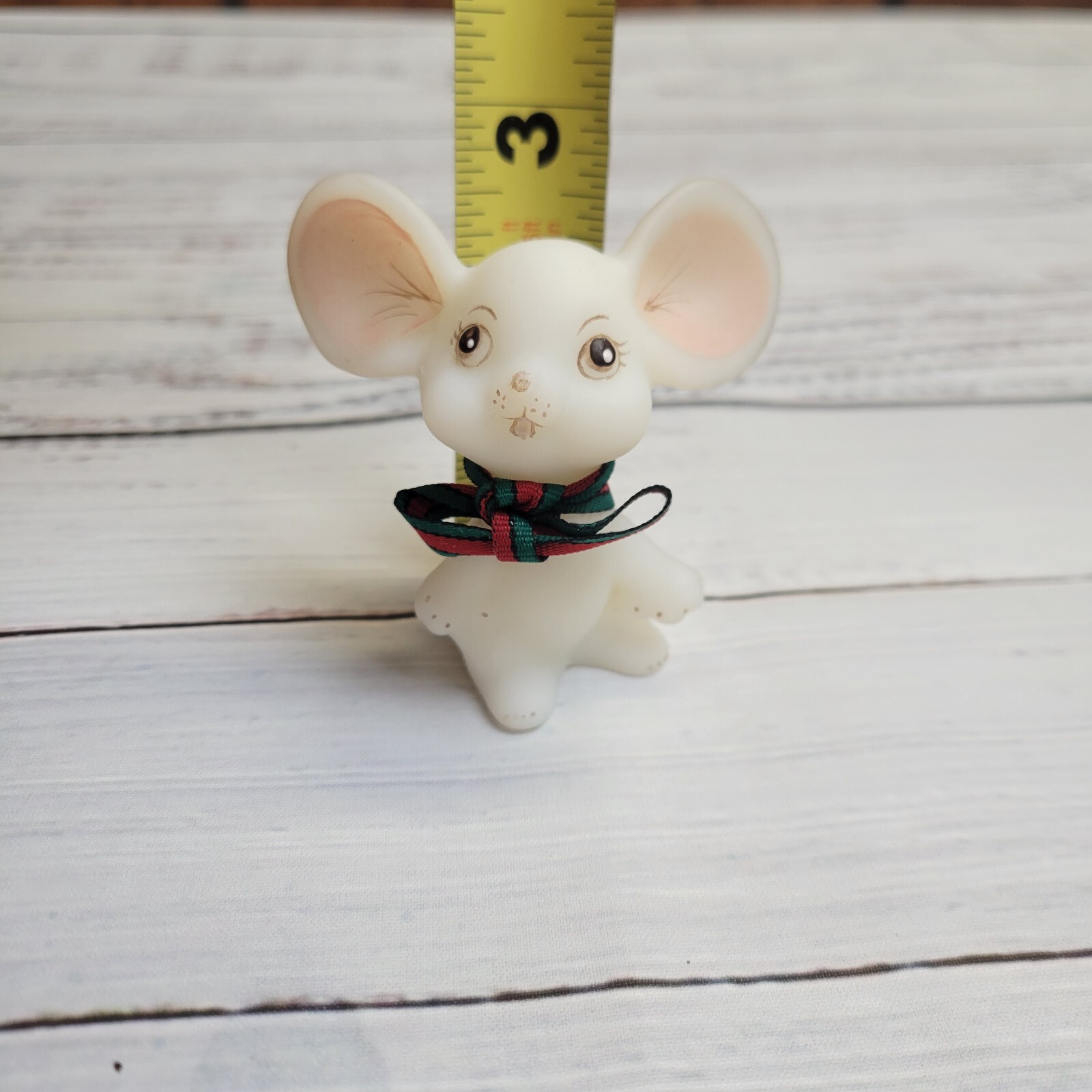 Vintage Fenton Holiday Christmas Mouse White Satin with Red Green Bow Signed