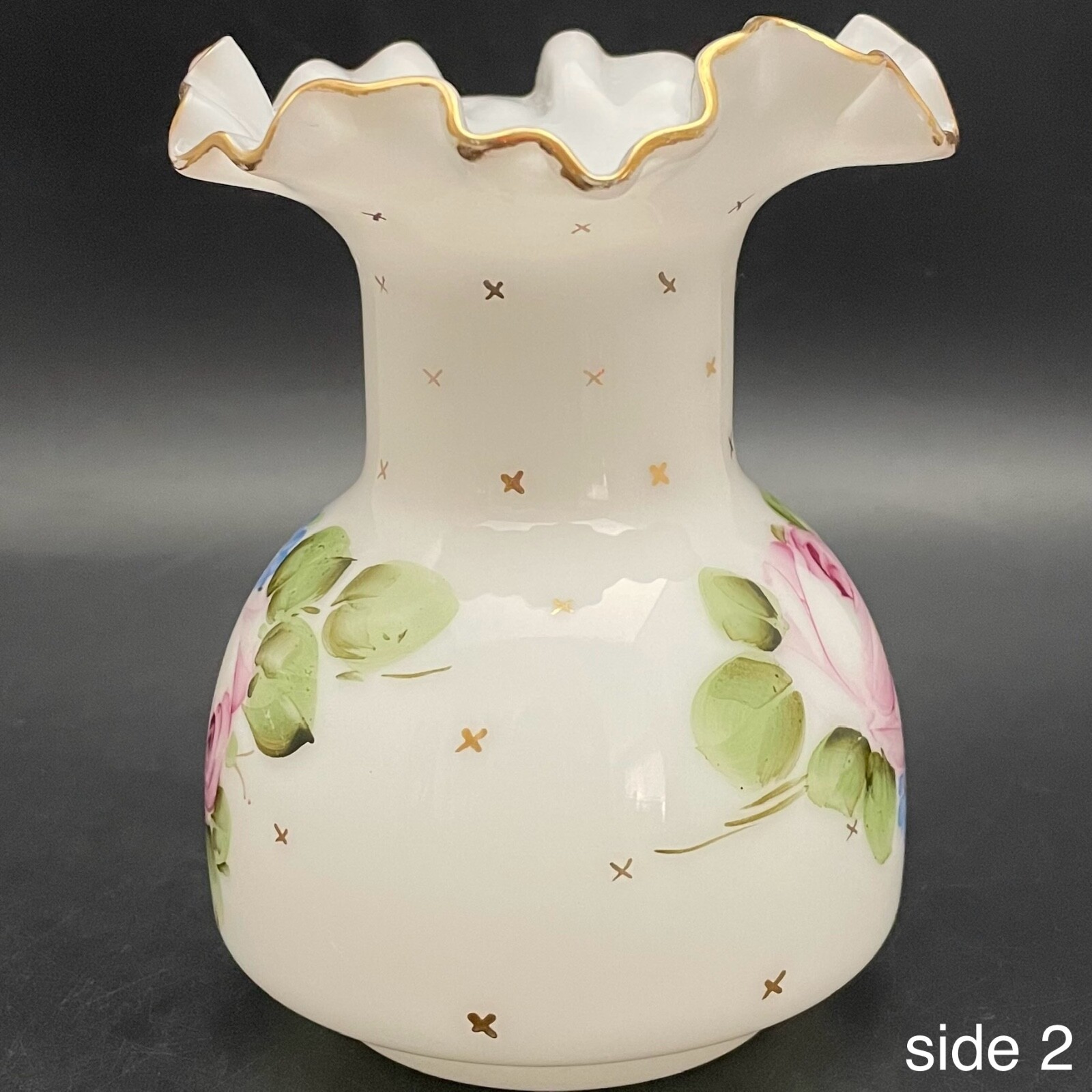 Fenton Art Glass Charleton Roses Ruffled Milk Glass Bud Vase c1940-1959 USA 5.5″