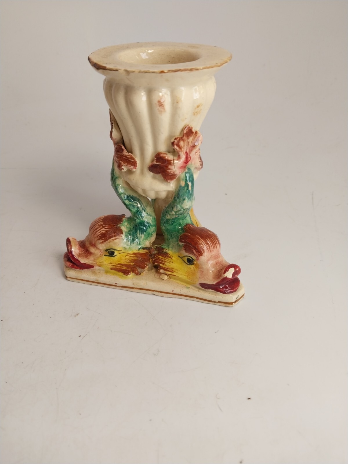 Antq Agostinelli Dal Pra Majolica Figural 3D Fish Dolphin Candlestick Pair Italy