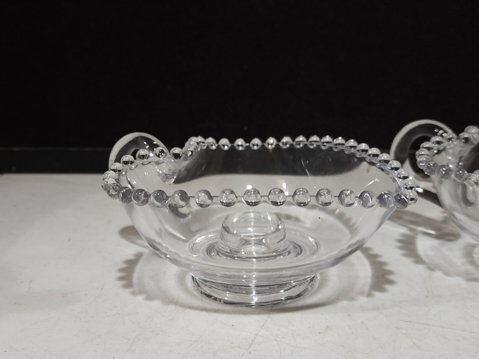 Pair of HTF Imperial Clear Glass Candlewick HEART Shaped Handled Candle Holders
