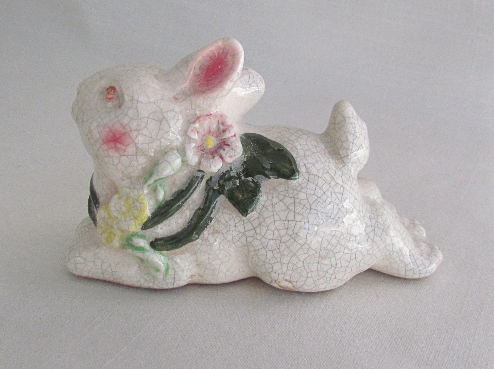 Vintage Antique Crackle Glaze Bunny Rabbit Hare Figurine Hand Painted Floral