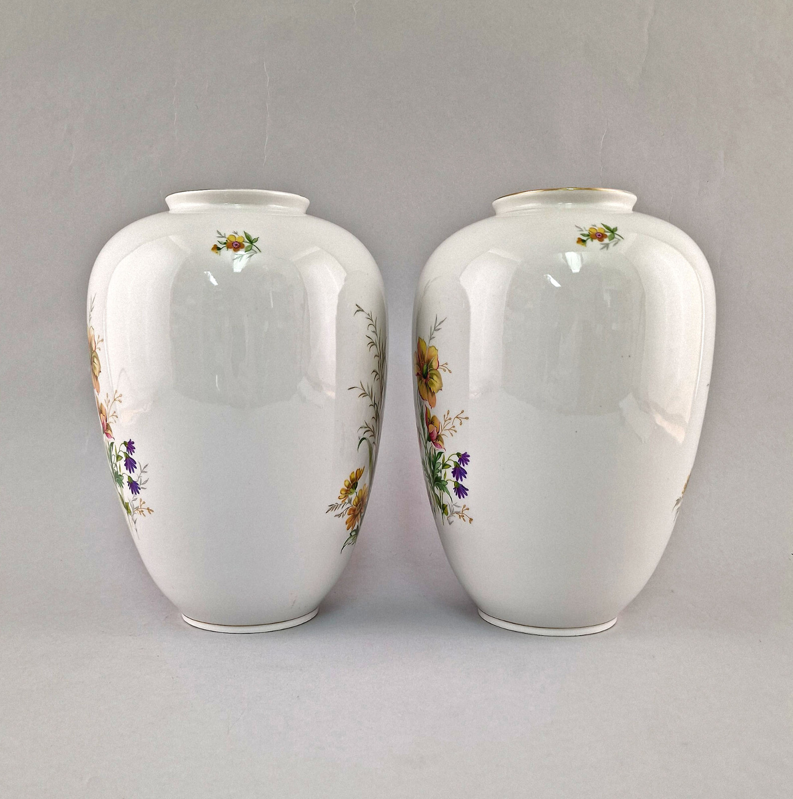 9240069-d Pair Vases Porcelain Weimar Thuringia Ovoid Floral Decoration H26cm