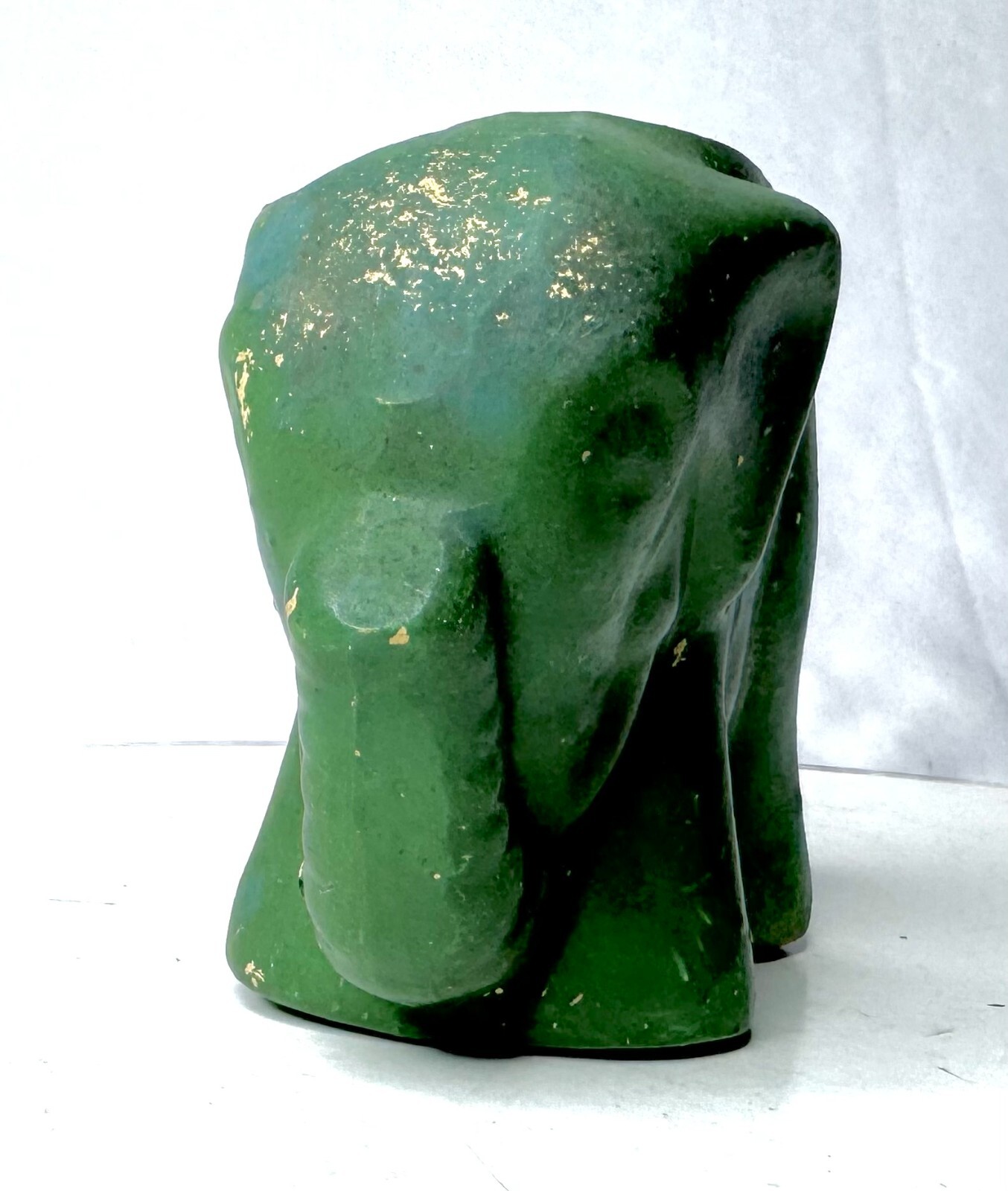 Vintage Small Green Pottery Elephant Figurine with Raised Trunk for Good Luck