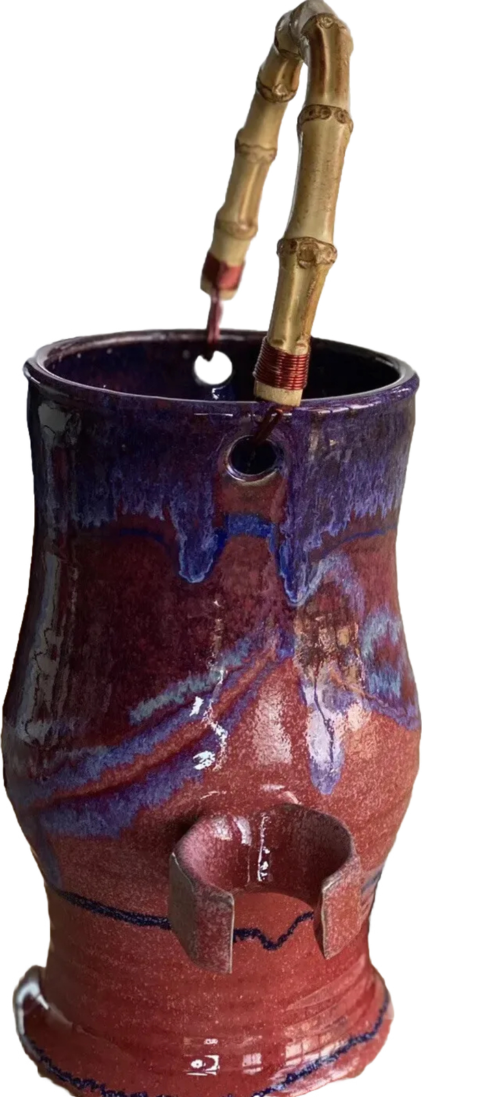 Studio Artist Signed Pottery with Copper Wire Wrap Bamboo Handle, Glazed Vase