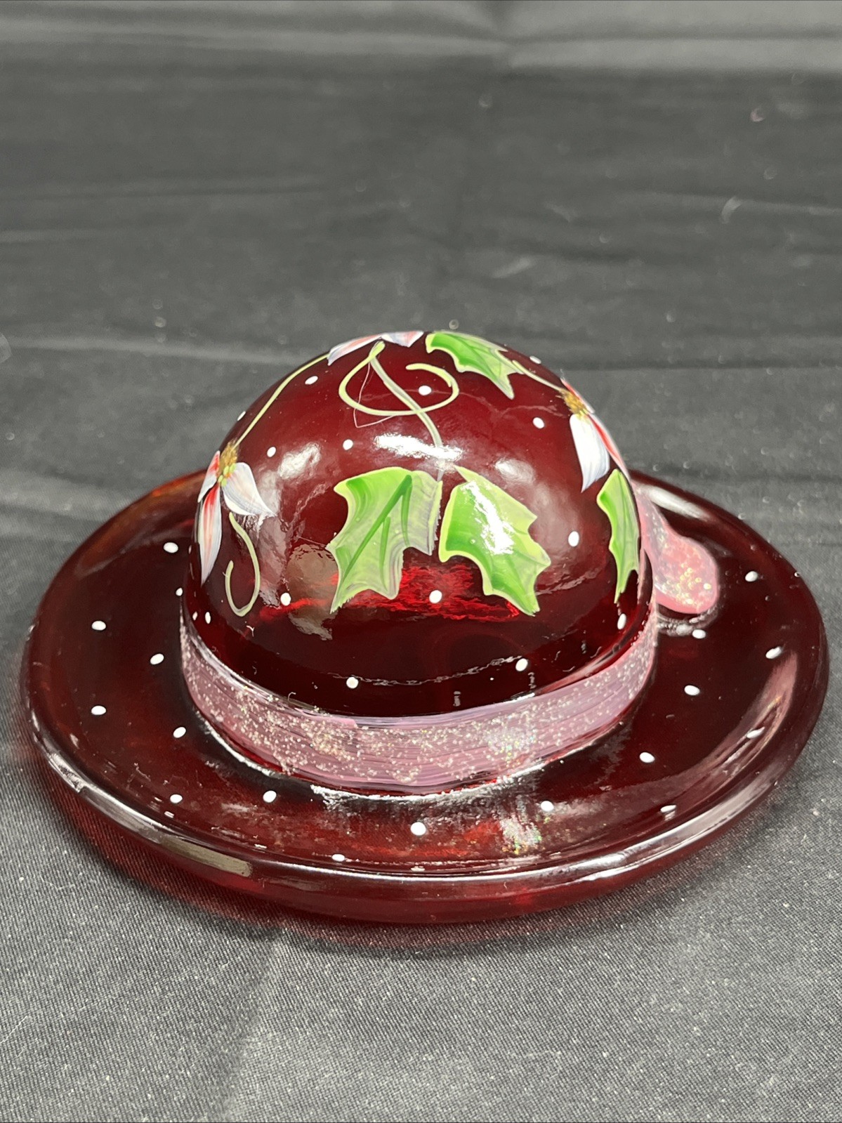 Fenton 100th Anniversary Red Hand Blown Glass Ladies Hat Hand Painted Signed