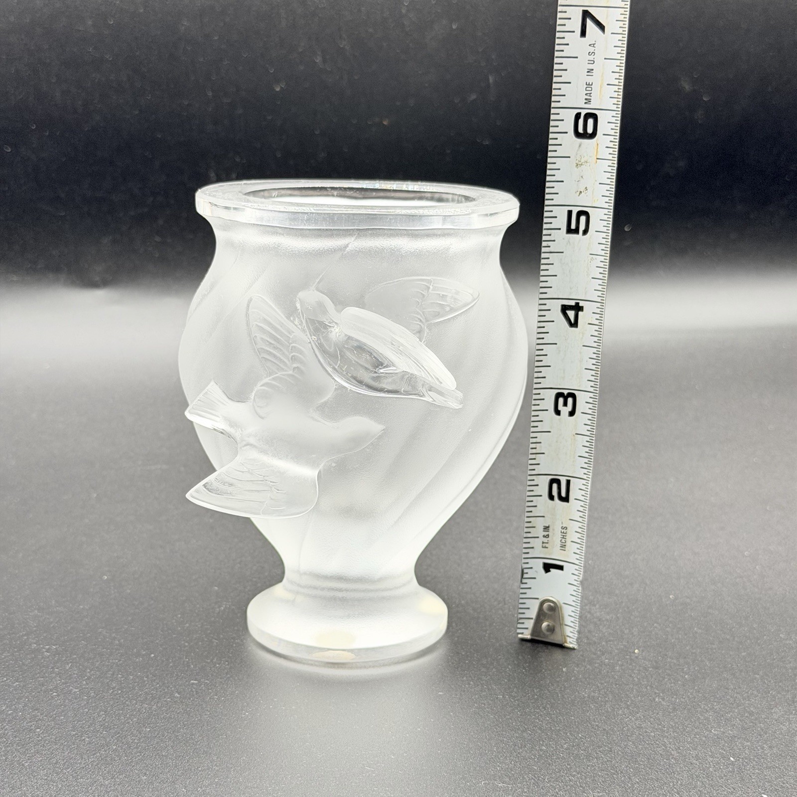 LaLique Crystal Rosine Vase featuring Doves Tiny Flaw