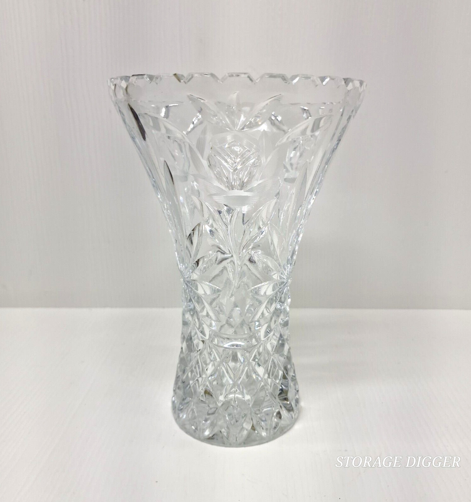 VTG Fluted Flared Heavy Lead Crystal Cut Glass Vase Etched Flower Rose 8.25″Tall