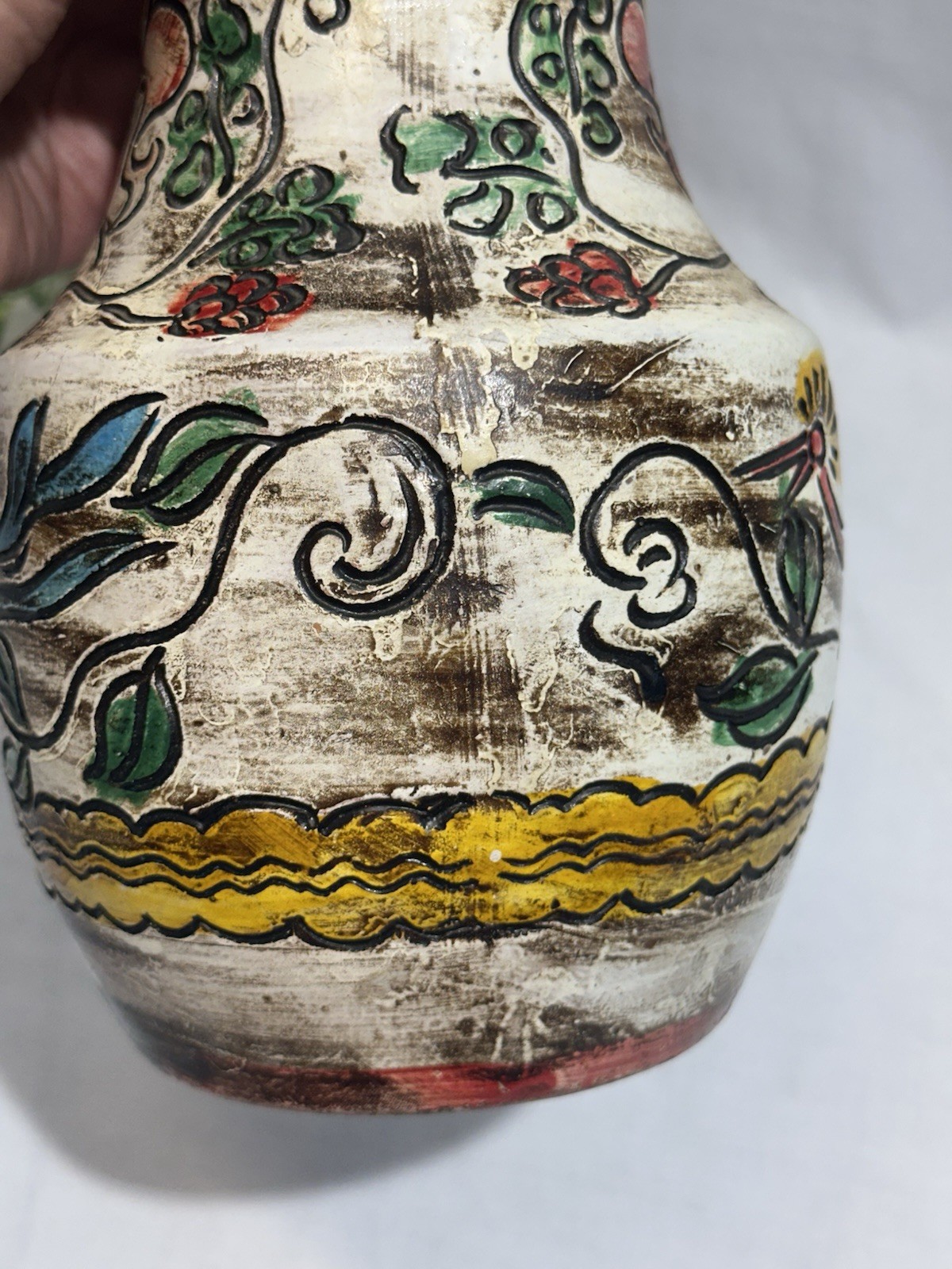 Vintage Bird and Floral Earthenware Vase. Pottery Engraved Design Made In Japan