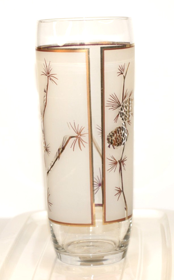 Vintage MCM Libby Frosted Vase Gold Pine Cones Branches 9 1/4″ T 3.5″ opening