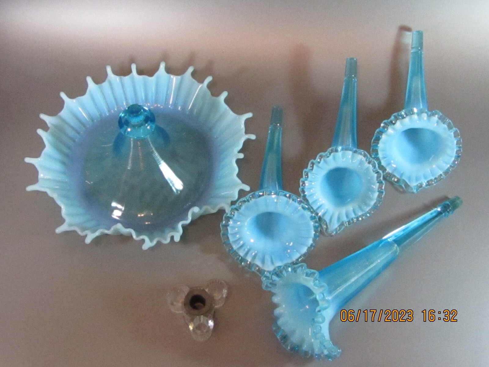 Vintage Mold Blown Ribbed Opalescent Blue Glass Fenton Large Epergne Four Horn