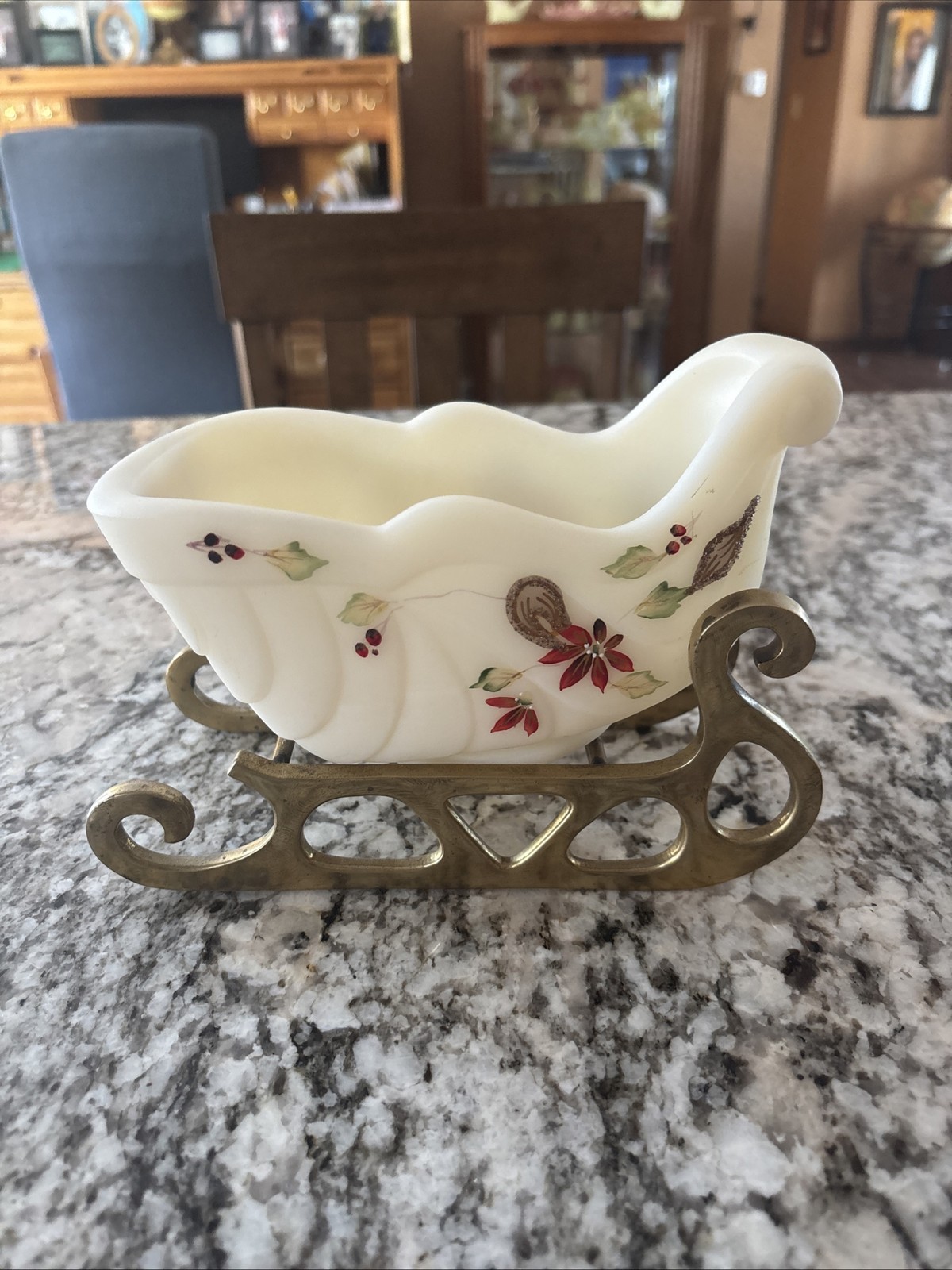 Fenton Art Glass Hand painted Sleigh With Brass Base