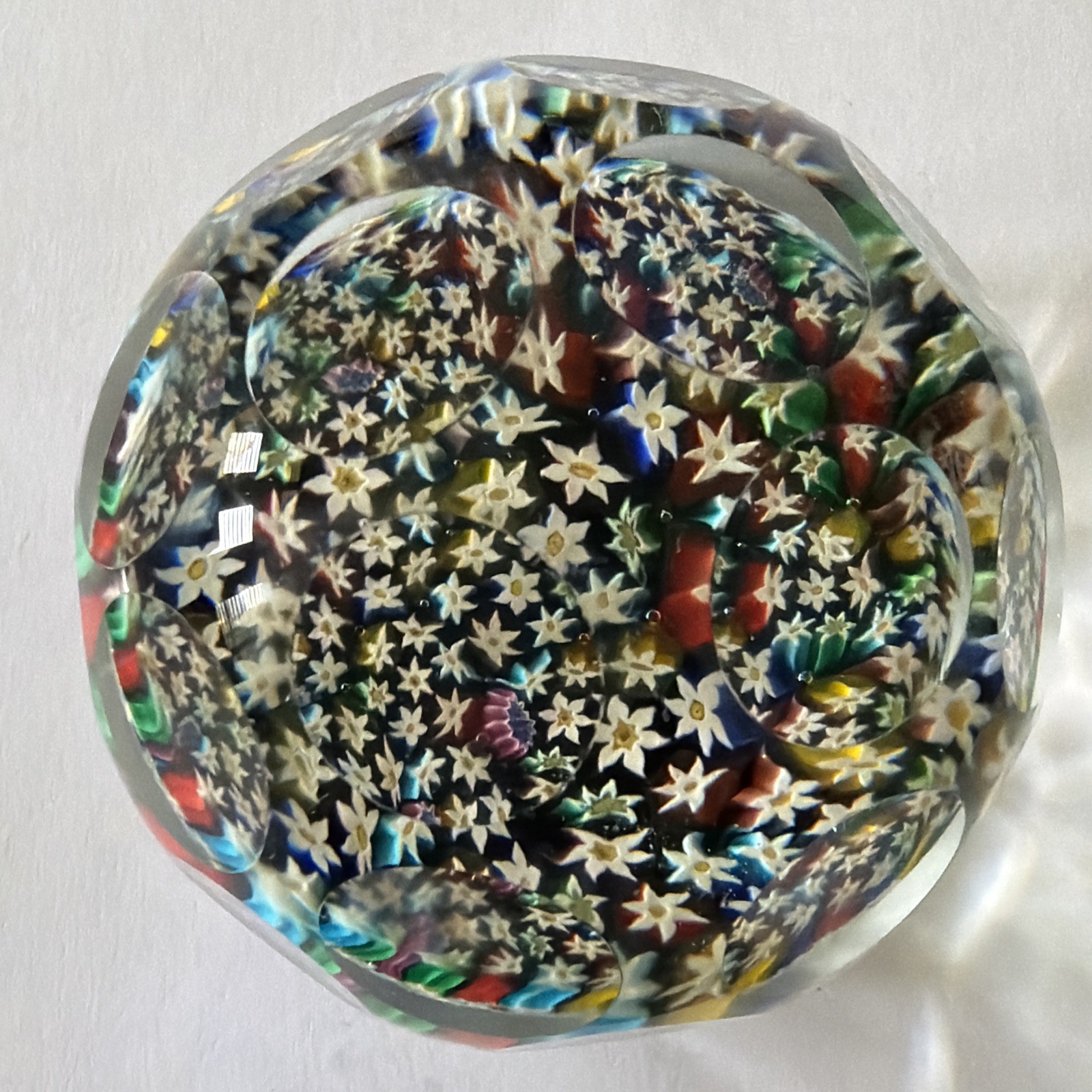 Sulfide Cut Crystal Paperweight Millefiori Flowers 20th Century 2.5”
