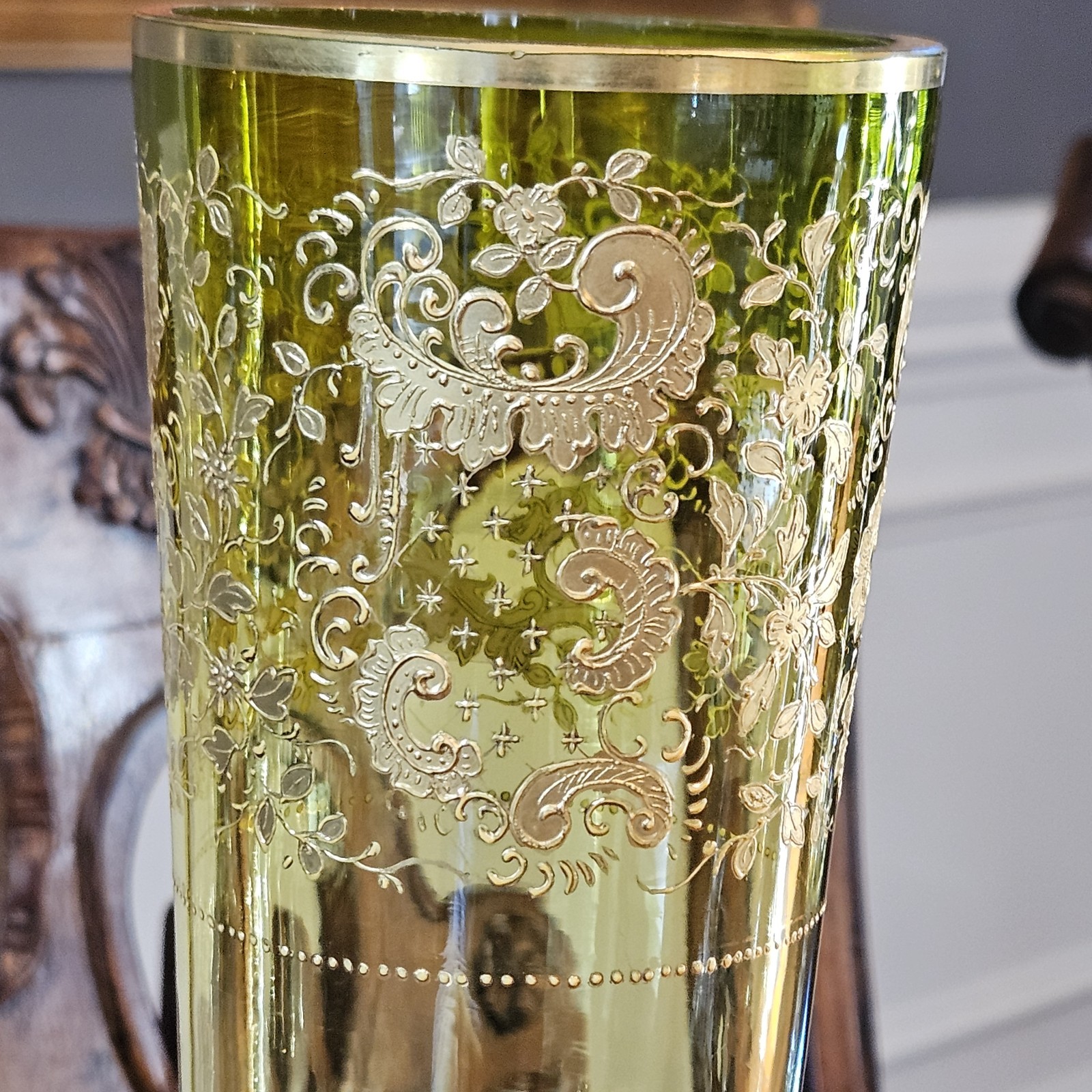 Moser Chartreuse To Clear Gold Enameled Jeweled Vase Flared Base