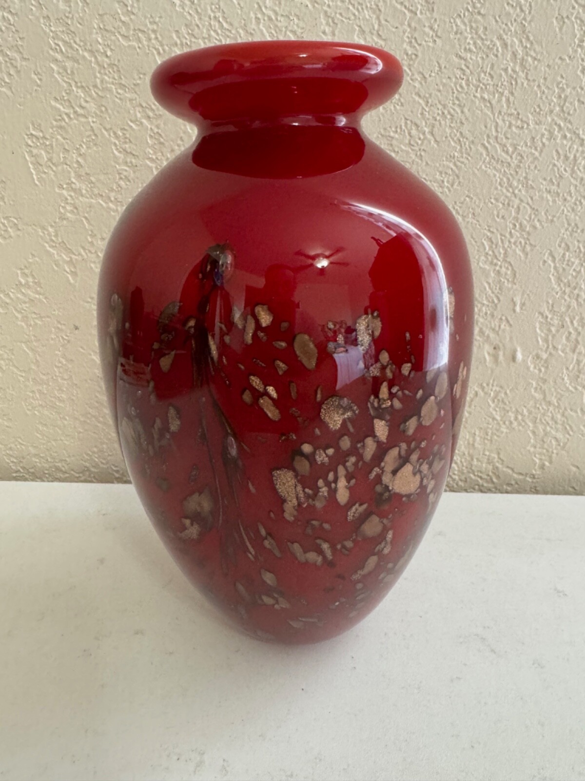 Blown Art Glass Red Vase w/ Gold / Copper Speckles