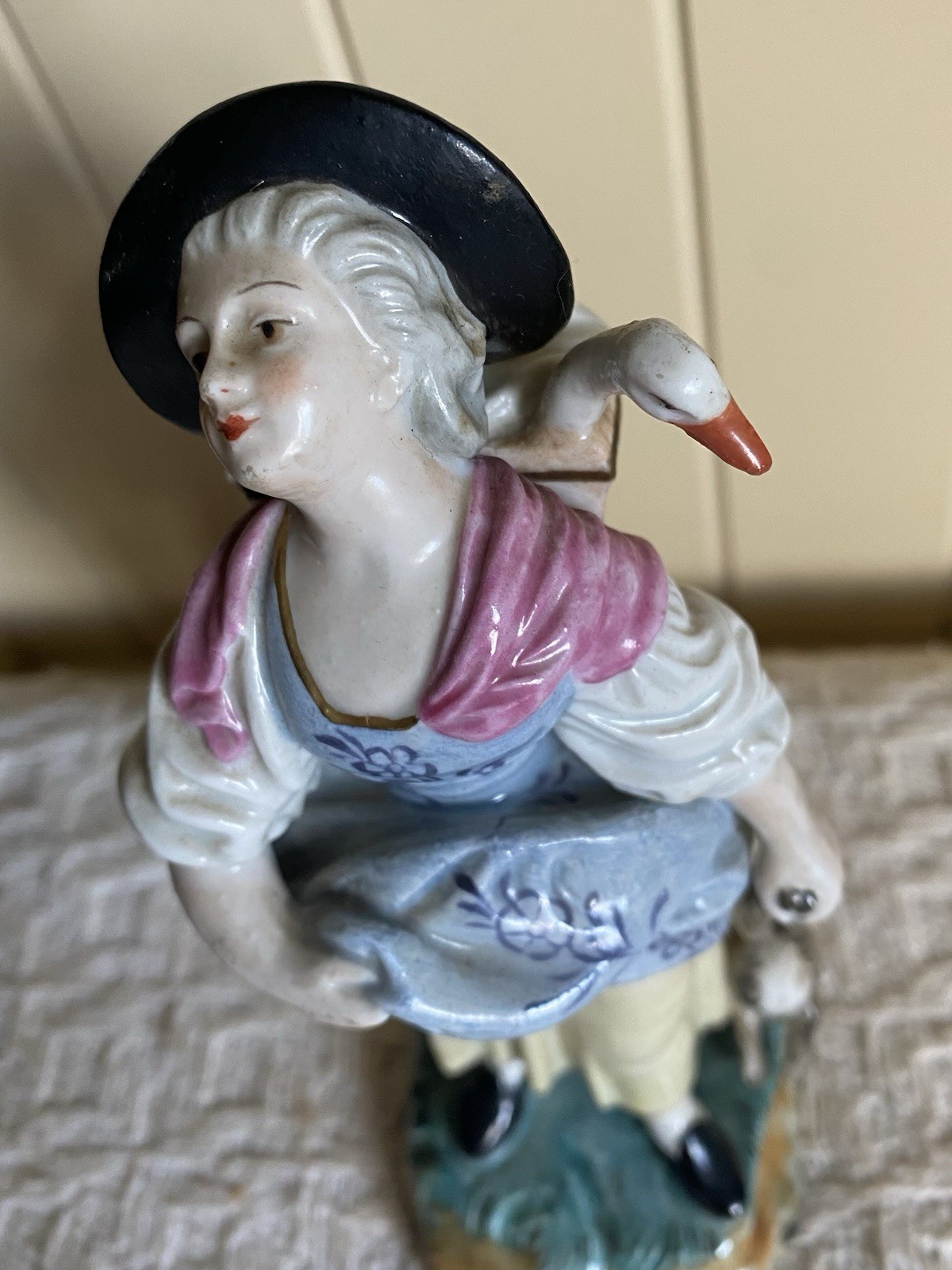 Antique Hochst Porcelain German Peasant Woman w/Goose & Hare Rabbit Figurine