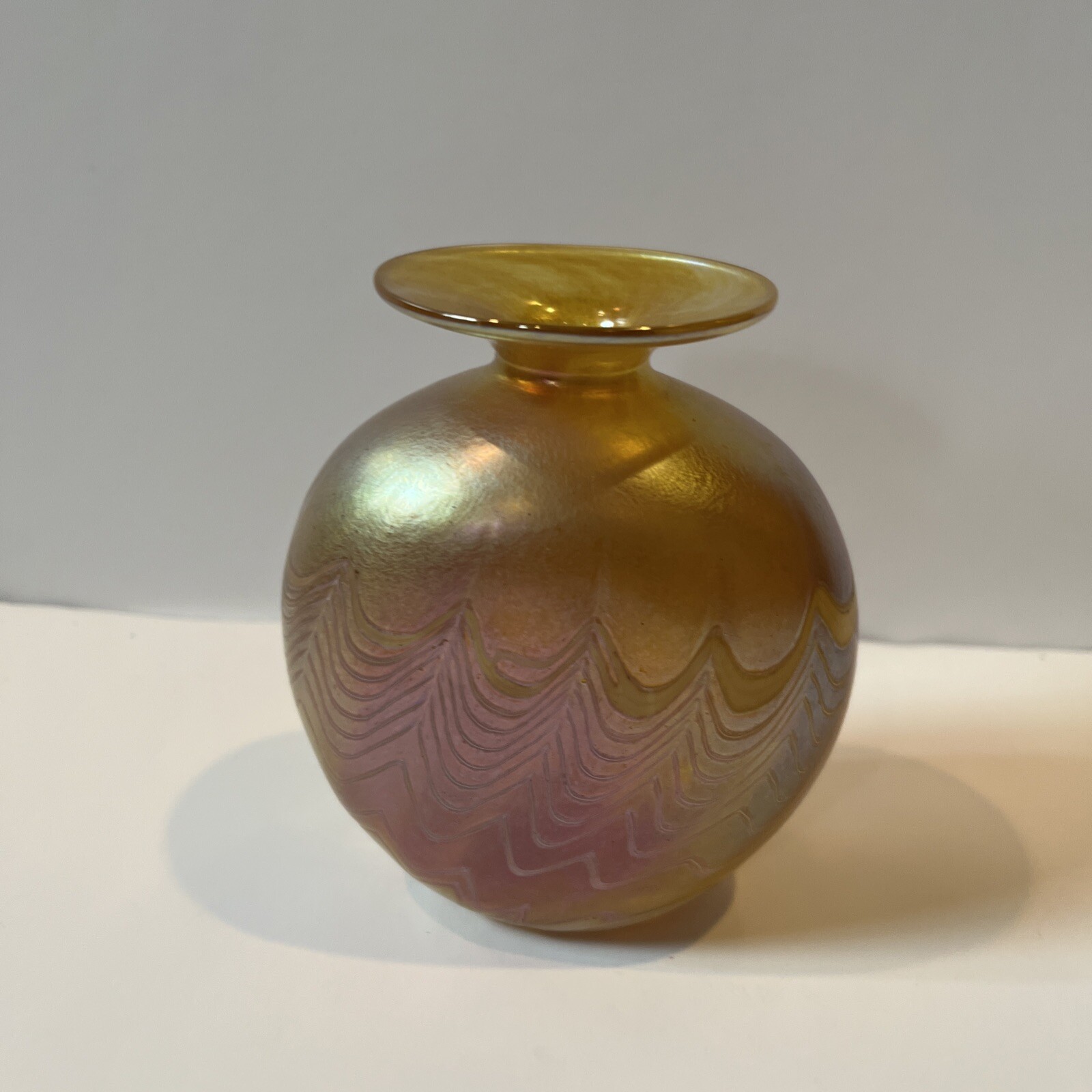 Vintage Art Glass Vase Signed Robert Held Yellow Purple Iridescent 4.5” Canada