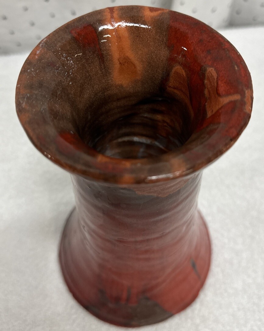 Vintage Hand Thrown Clay Art Pottery Vase Red Black Glaze 8.5” signed Unknown