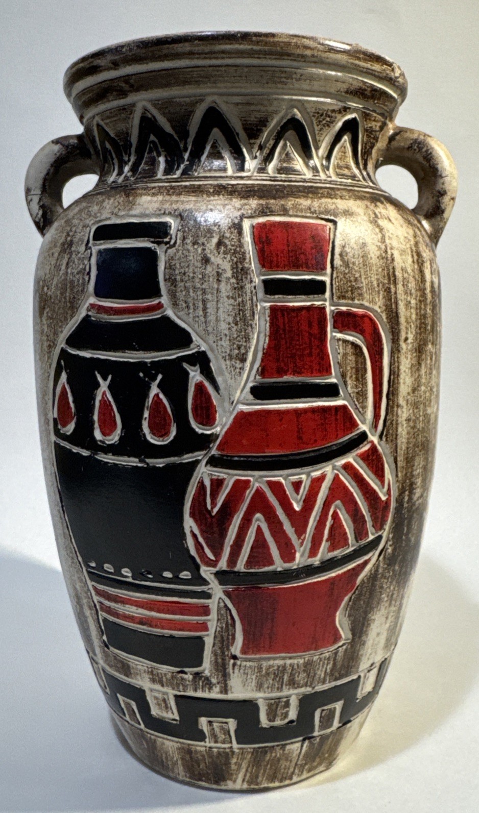 Vintage Mid Century Egyptian Revival Japan Pottery Amphora Vase 8” Double Handle