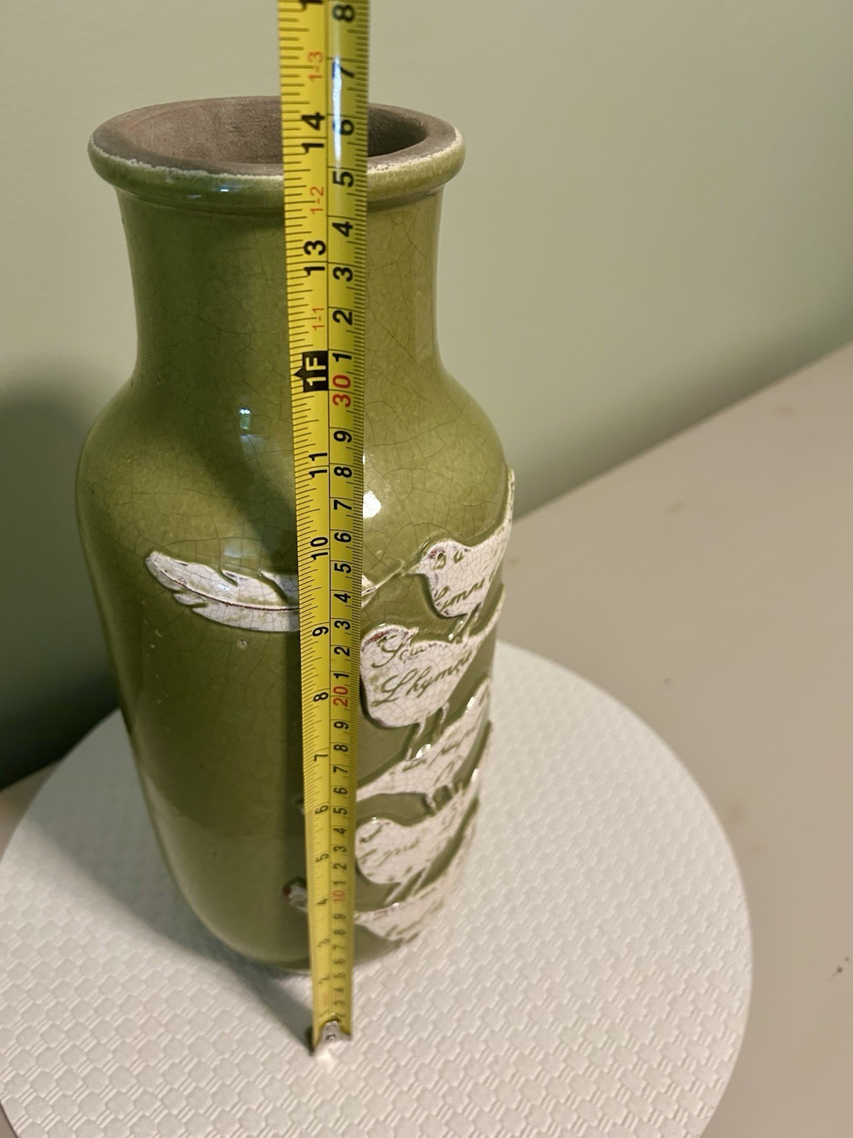 Pottery Vase Birds Crackled Green Art Decorative Gorgeous Heavy Piece. 14” EUC