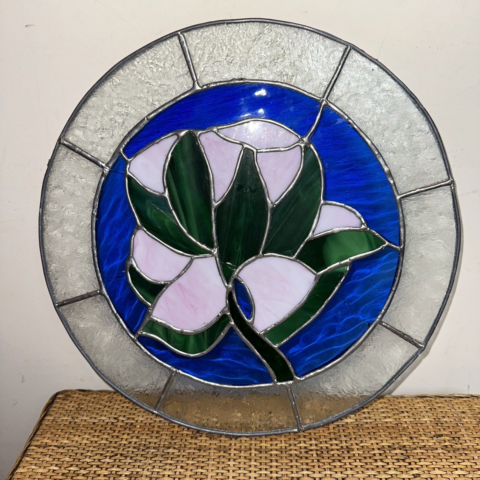 Vintage 14” Round Stained Glass Copper Foil Panel Flower Pink Green Home Decor