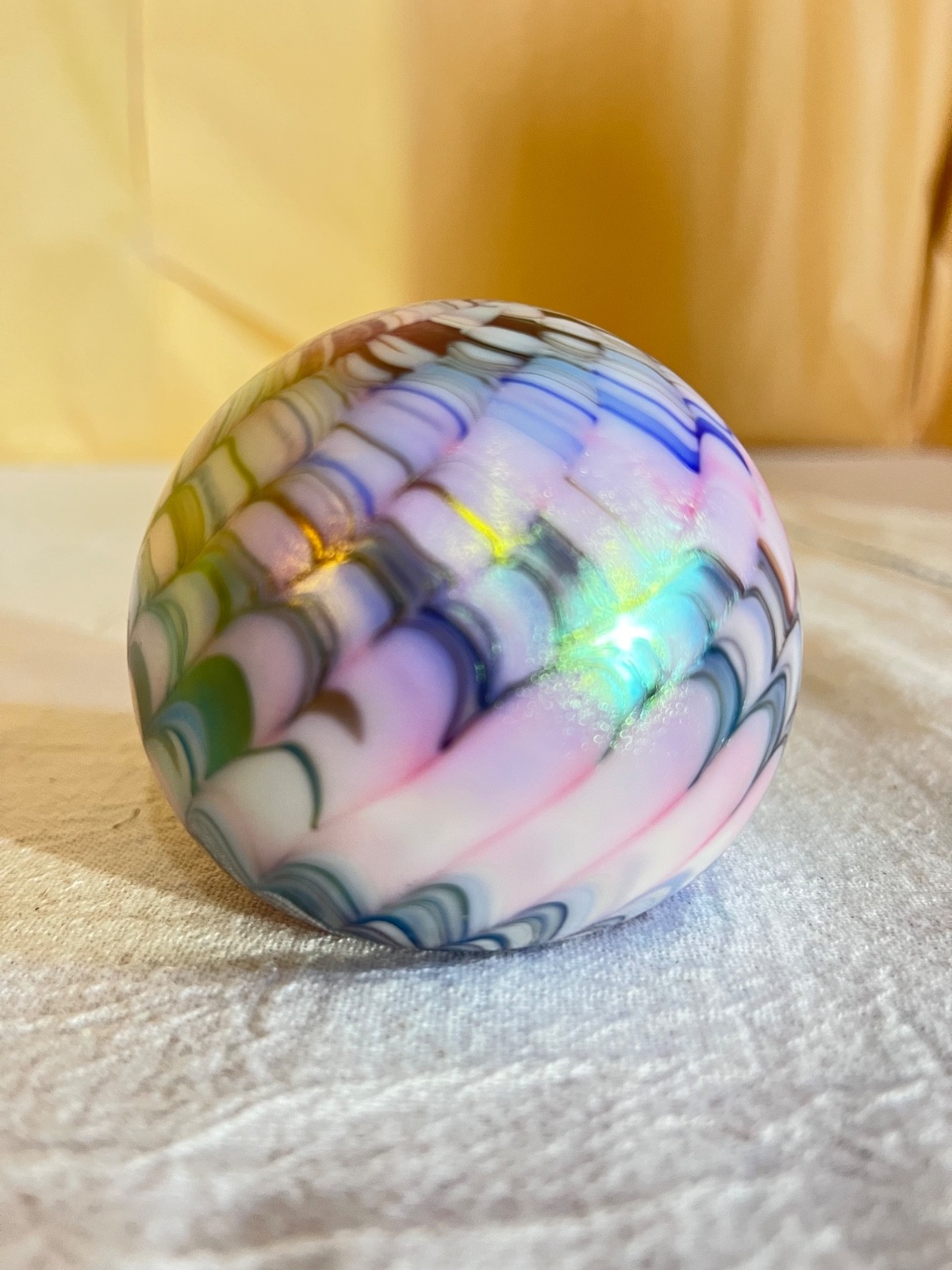 Charles Gibson Art Glass Iridized Snakeskin Paperweight-WV, USA-MCM Pastel Color