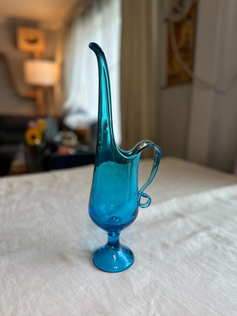1960’s Vintage Le Smith Peacock Blue Hand Swung Ewer 16″ TALL VASE PITCHER MCM