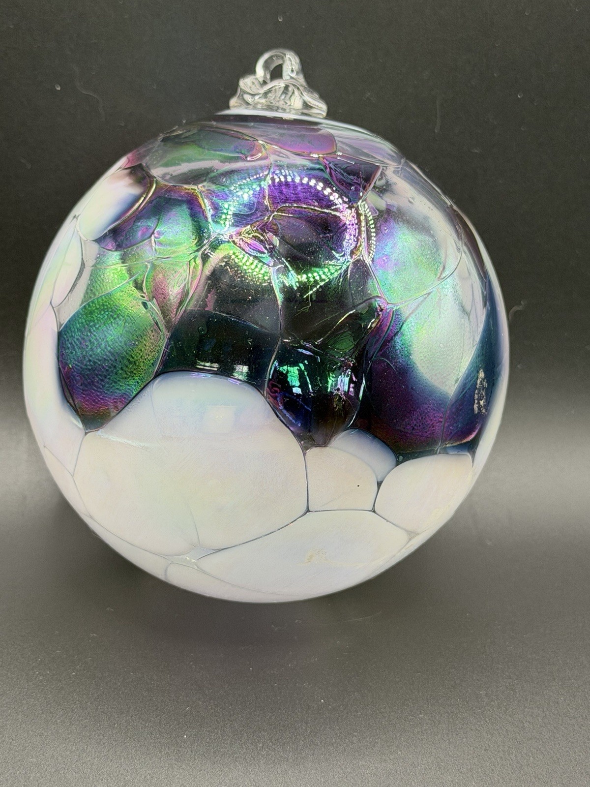 Large 4” Studio Art Glass Hand Blown Spotted Purple Iridescent Ball Ornament