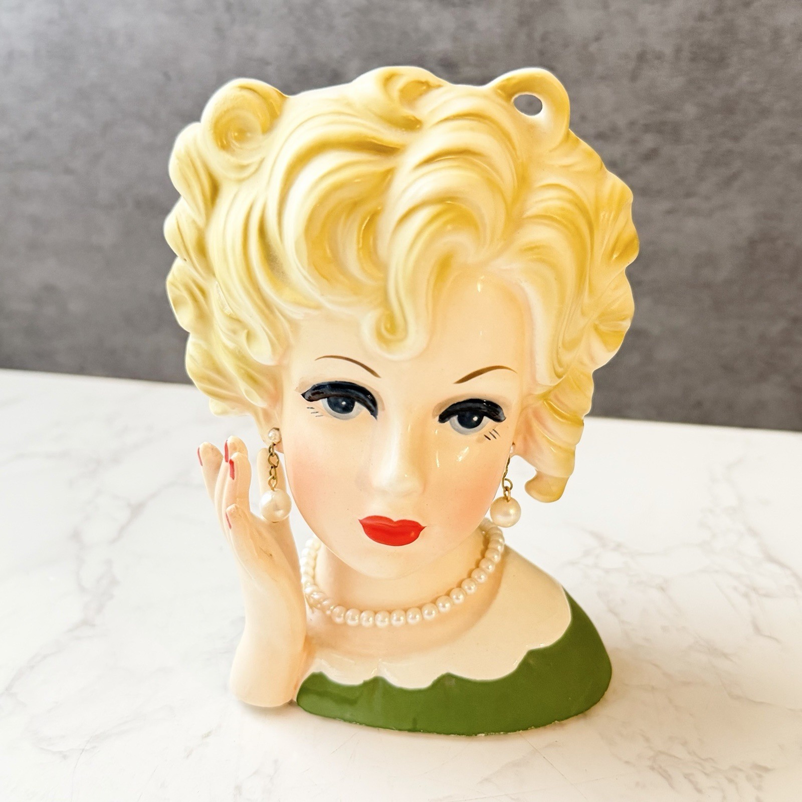 Relpo Blonde Lady Head Vase Girl Woman Vintage Japan 2055 Green Dress Pearls