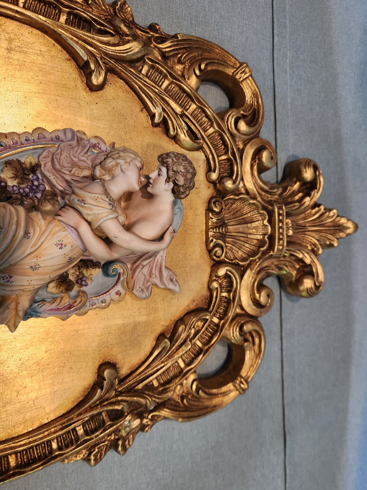 Antique Wall Plaque Pair of Lovers Figural Porcelain Bisque Figurine Couple
