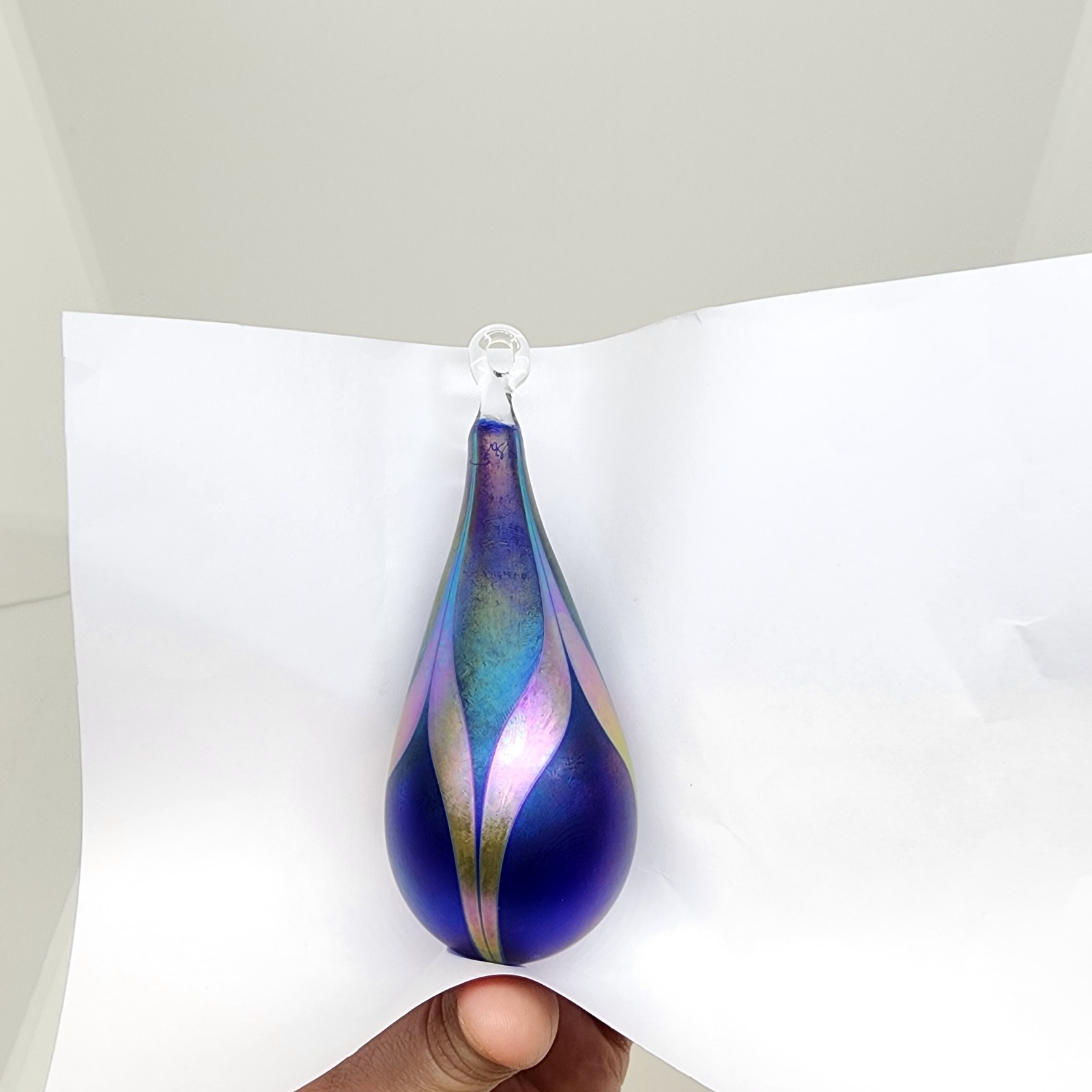 1988 Signed Steven Correia Studio Art Glass Teardrop Feather Christmas Ornament
