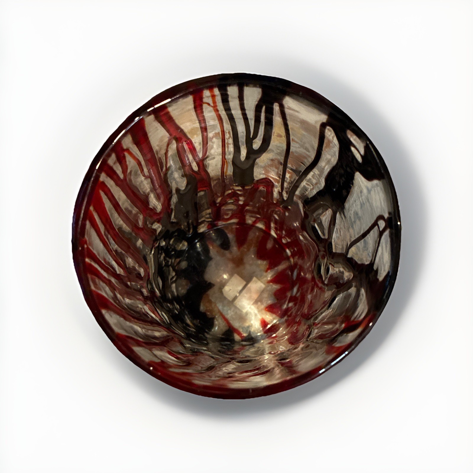 10” Red Black Clear Abstract Art Glass Cylinder Vase MCM Glossy Finish unique