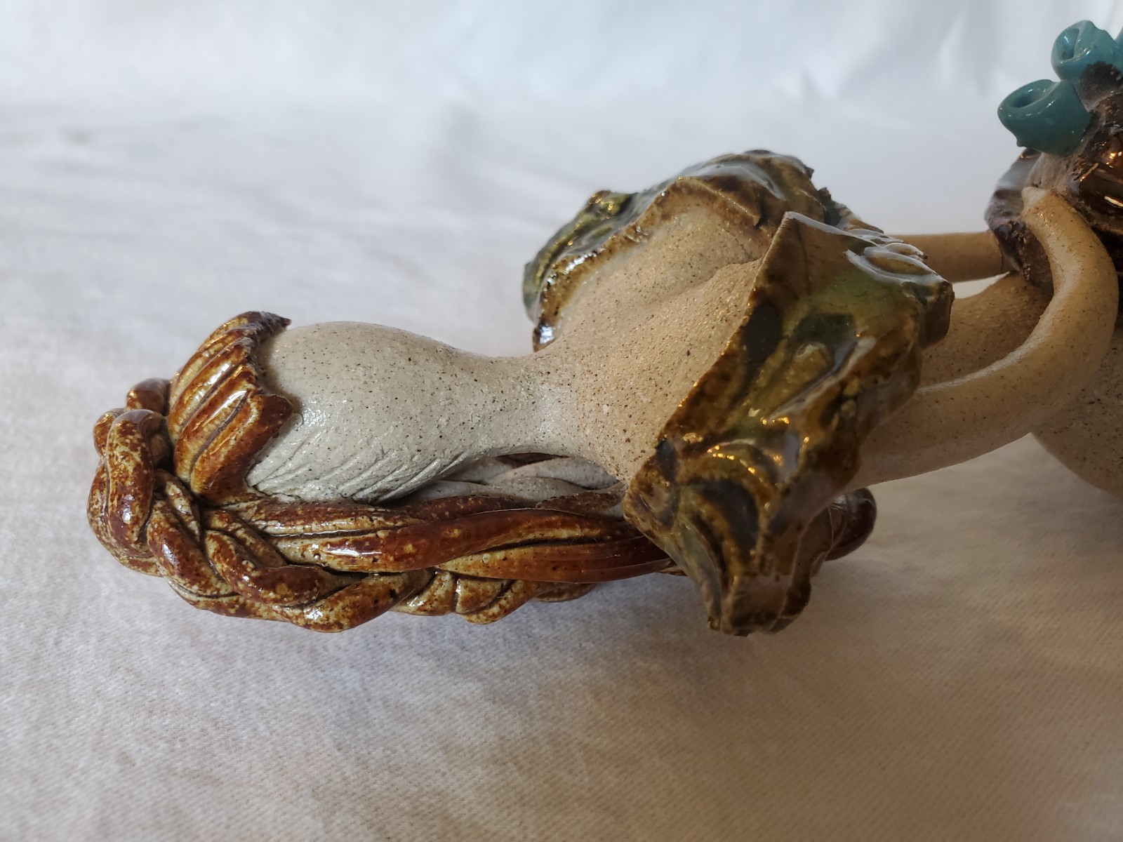 Spaghetti Hair Clay Art Pottery 9.5 Inches Tall Sculpture Woman Holding Hat