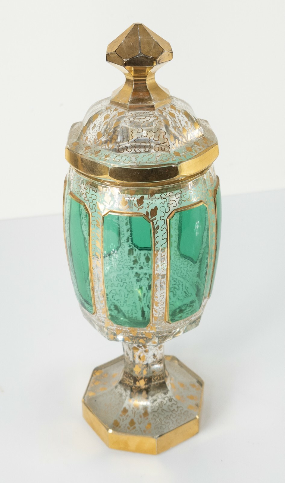 Antique Bohemian Crystal Glass Moser Style Green Cabochon and Gilt Urn Vase