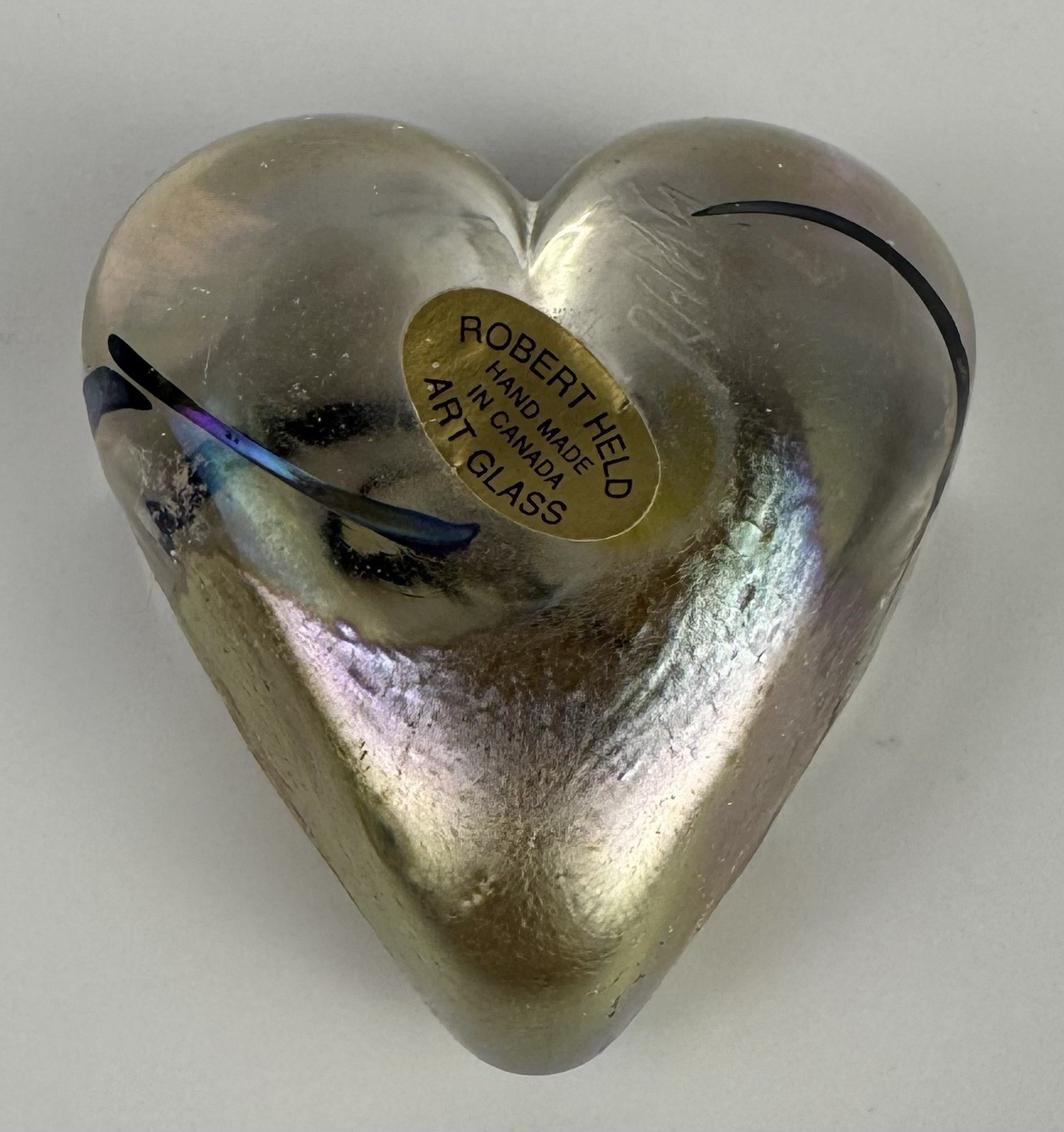 Signed Robert Held Art Glass Paper Weight Gold Iridescence Heart Shape