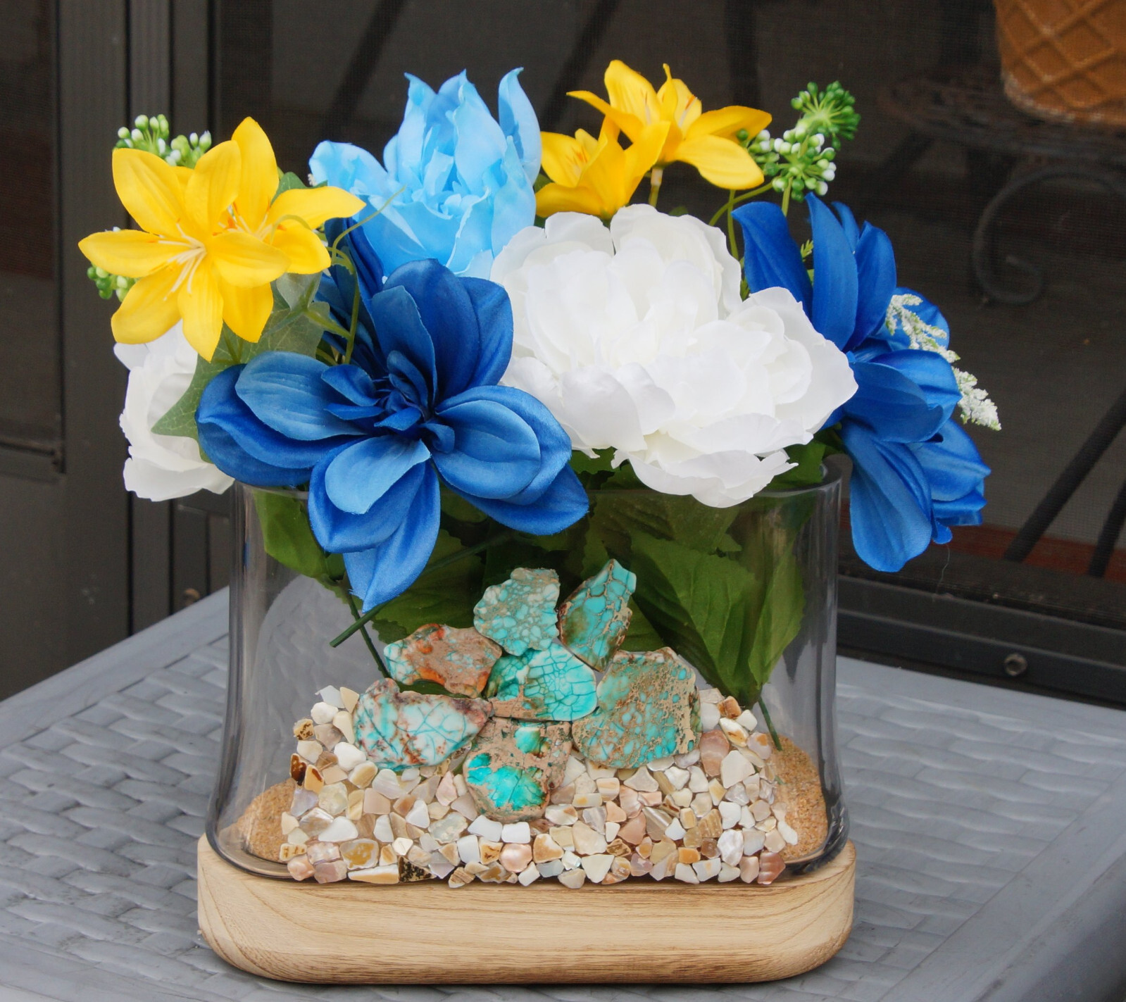 Glass Flower Vase Hand Embellished with Turquoise Stone- White Shell fragments
