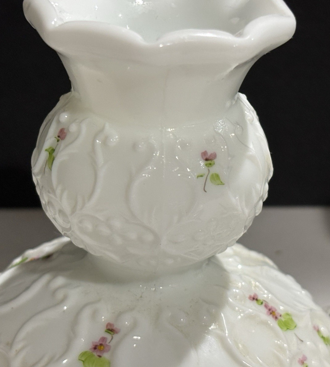 Fenton Milk Glass Handpainted Violets on Snow Candle Stick Holders -signed