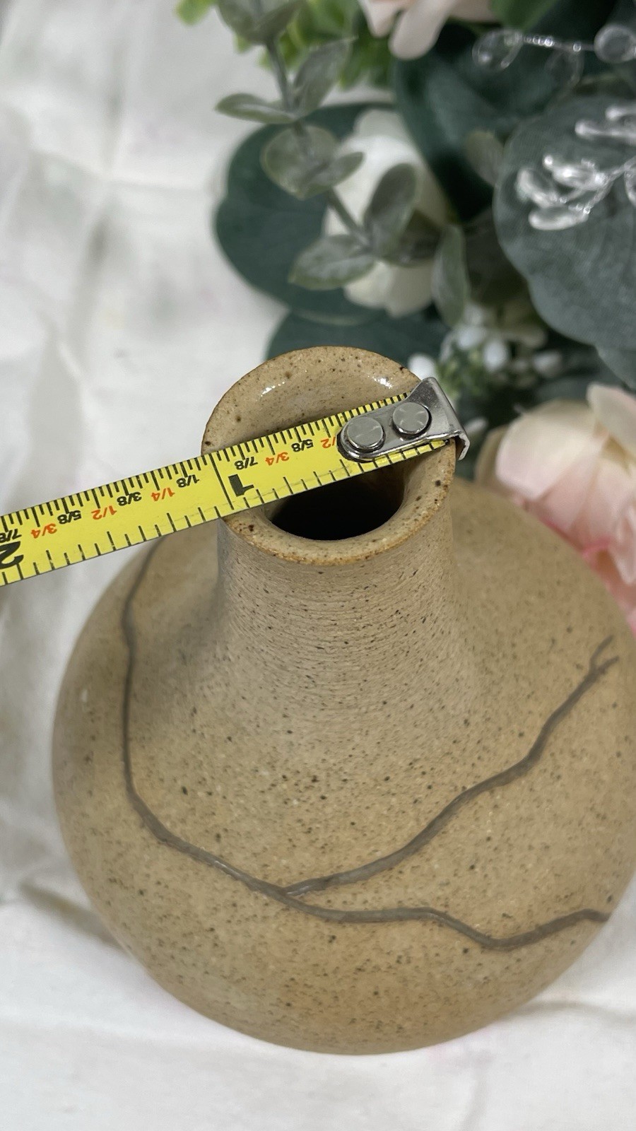 Beige/Gray Ceramic Art Pottery Bud Vase, Abstract Pattern, Glossy, 5.5 in