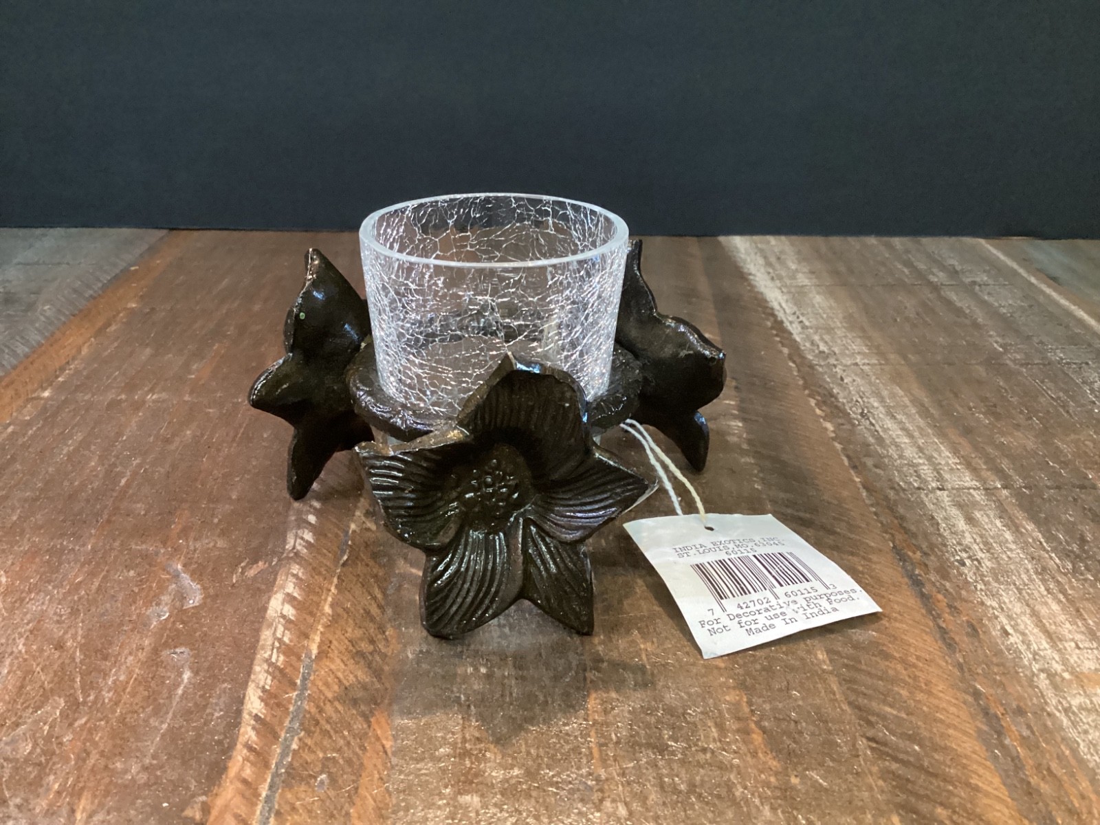 Vintage brass morning glory candle holder w/crackle glass votive
