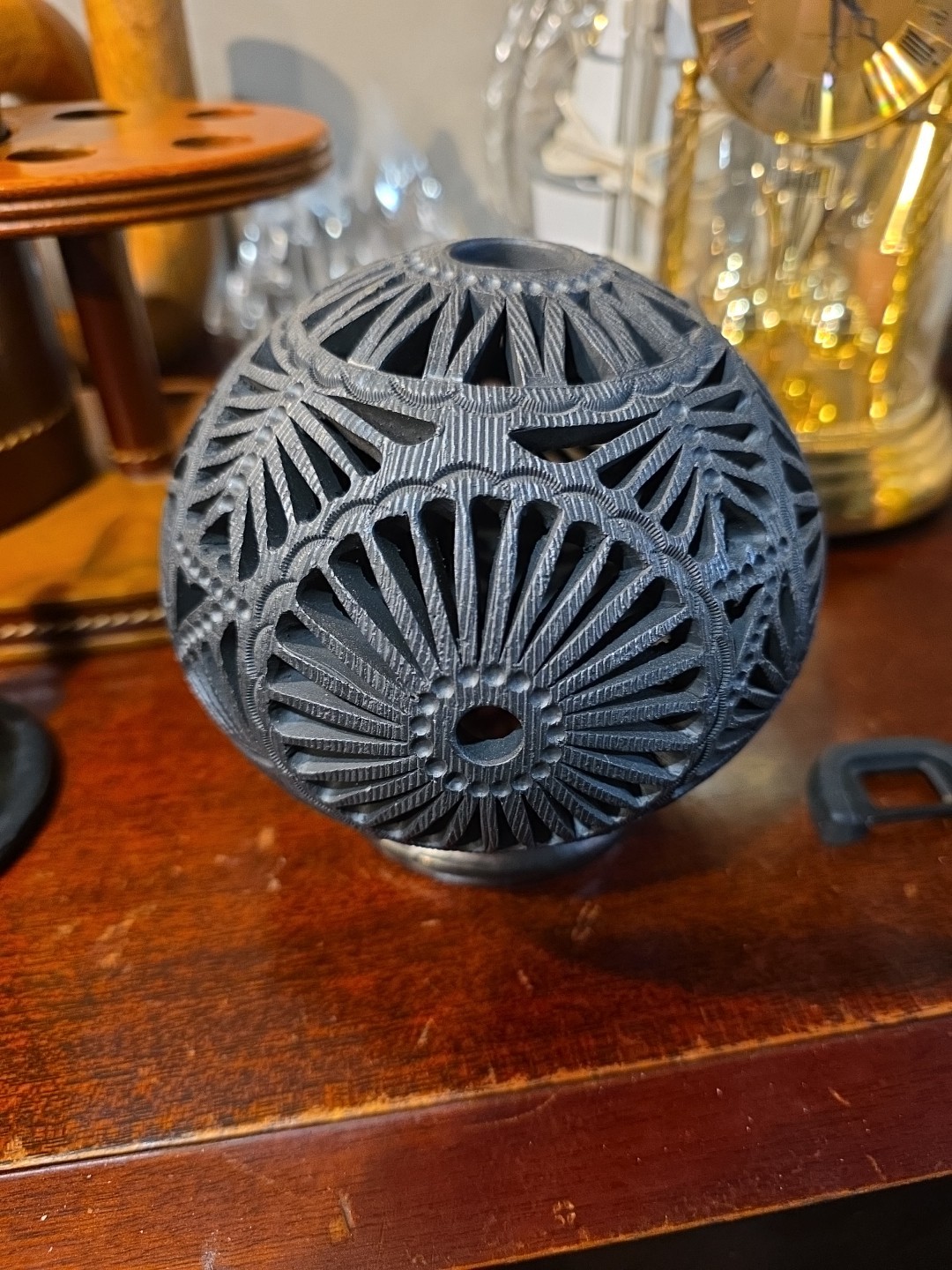 Mexican Folk Art OAXACA Reticulated Pottery BLACK 5″ tall Vase Hand Carved
