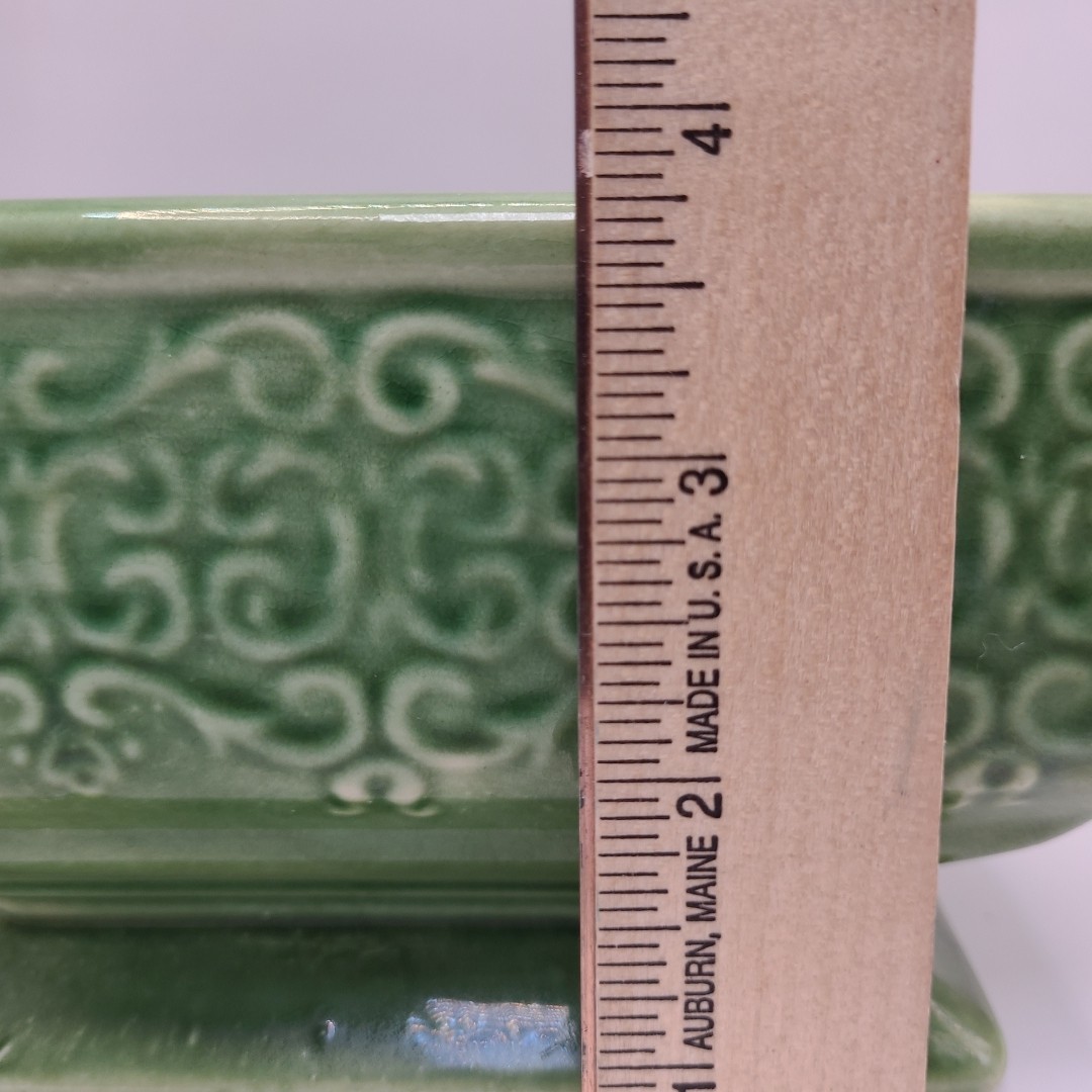MCM Pedestal Planter Moss Green Scroll VTG 6.5″ x 4.5″ Ceramic Pottery Crazing