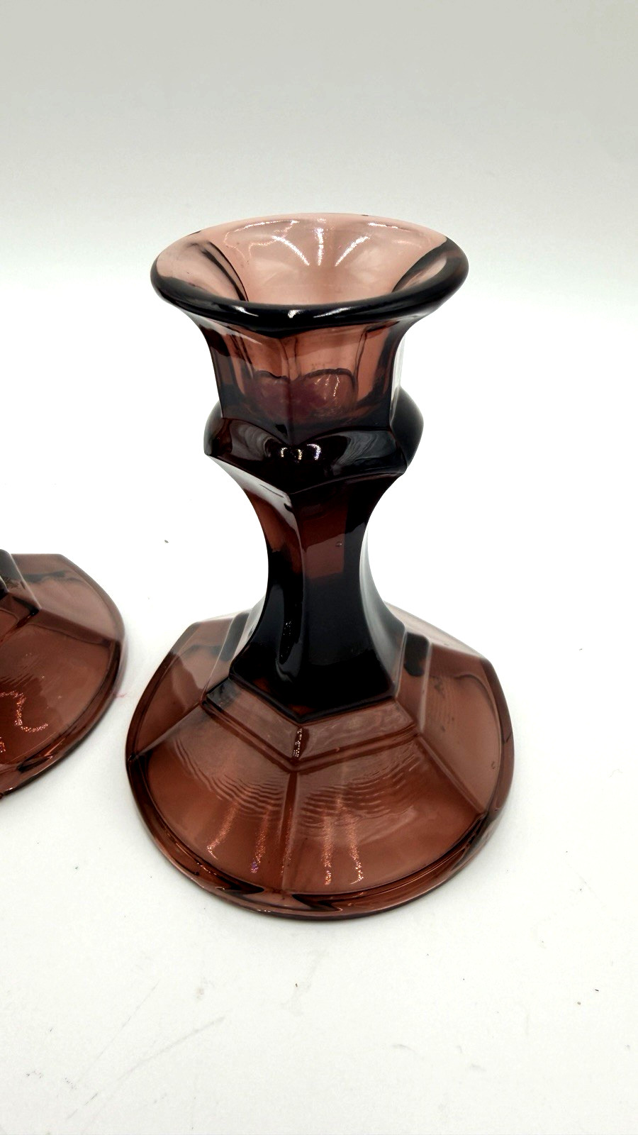Vintage Set Of 2 Libbey Brandywine Amethyst Optic Glass Candlestick Holders 4″