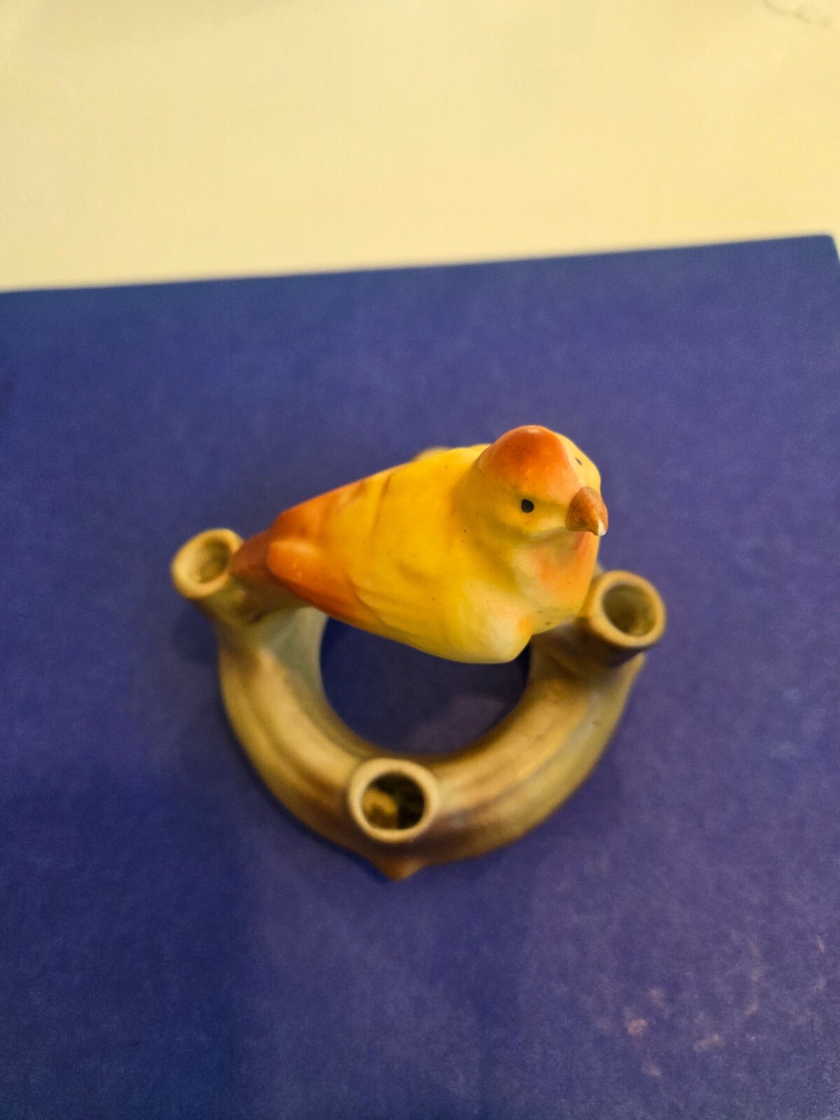 Red Dime Mark Czech Pottery Flower Vase with yellow canary, Vintage.